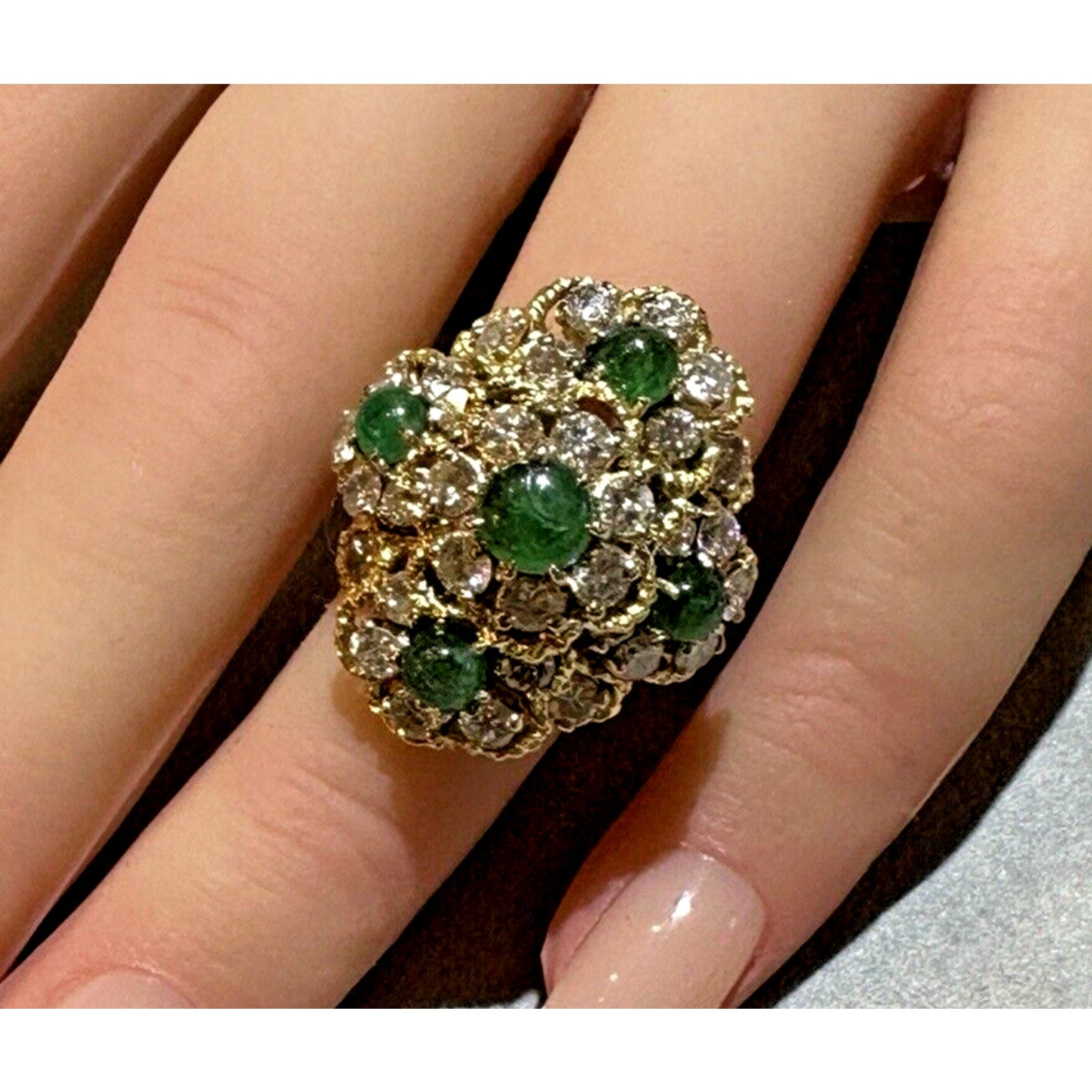 Estate Emerald and Diamond Floret Dome Ring in 18k Yellow Gold