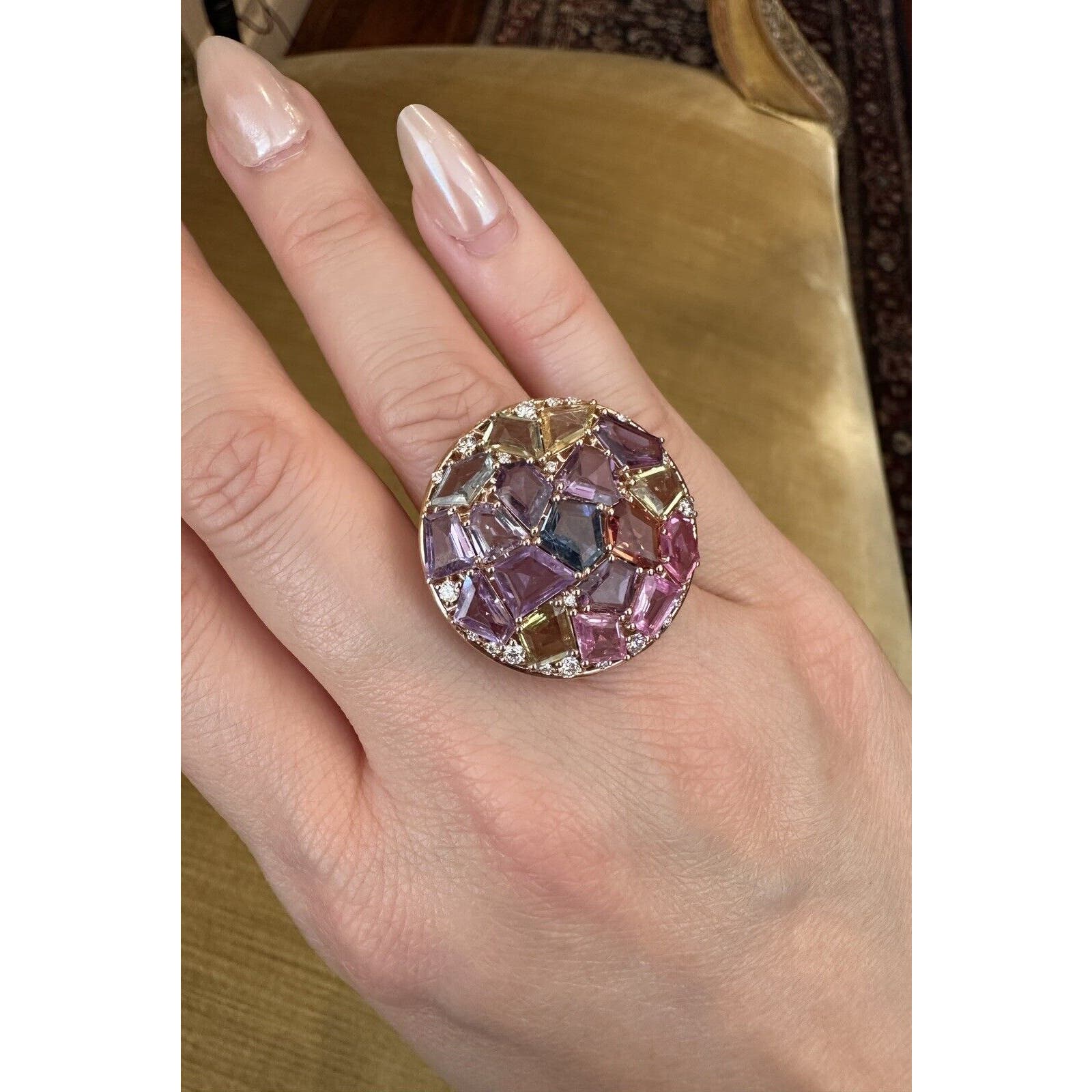 Large Multicolor Sapphire and Diamond Statement Ring in 18k Rose Gold - HM2569AR