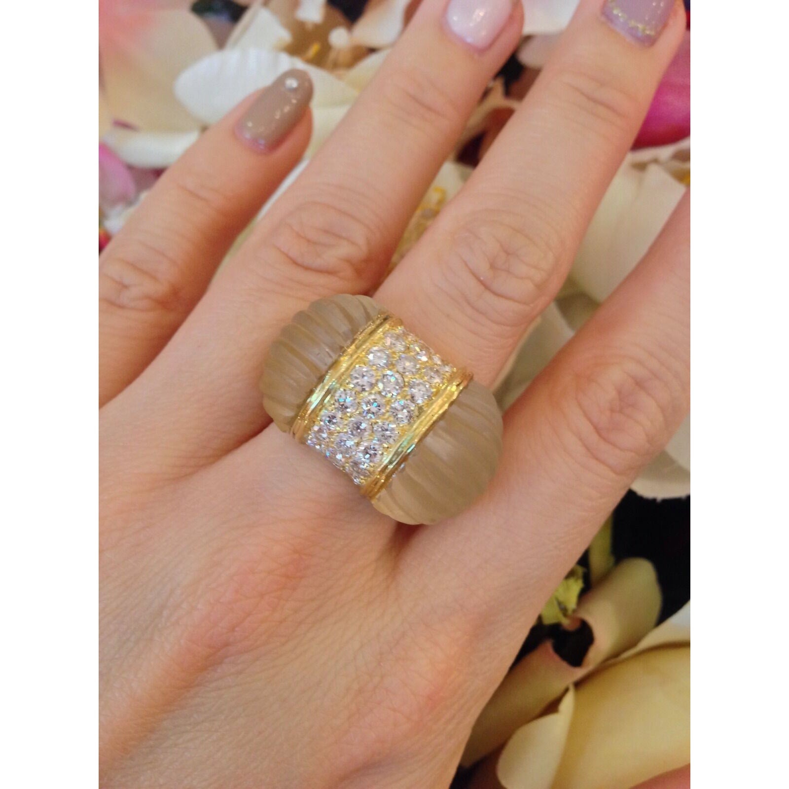 Diamond Pave Rock Quartz Dome Ring in 18k Yellow Gold