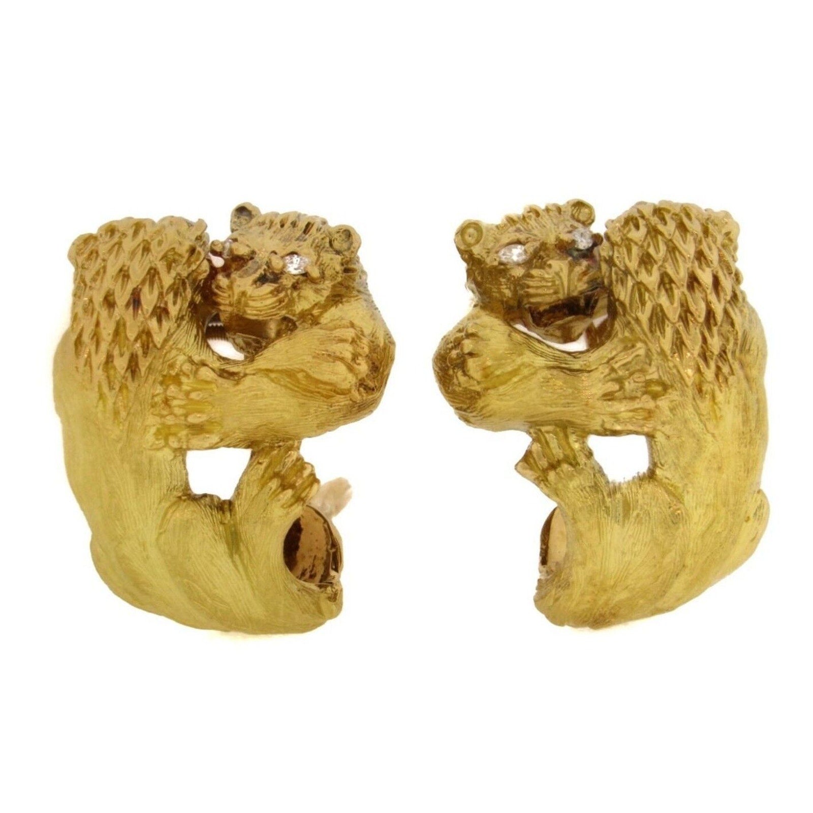 FRENCH Double Lion Earrings w/ Diamond in Textured 18k Yellow Gold