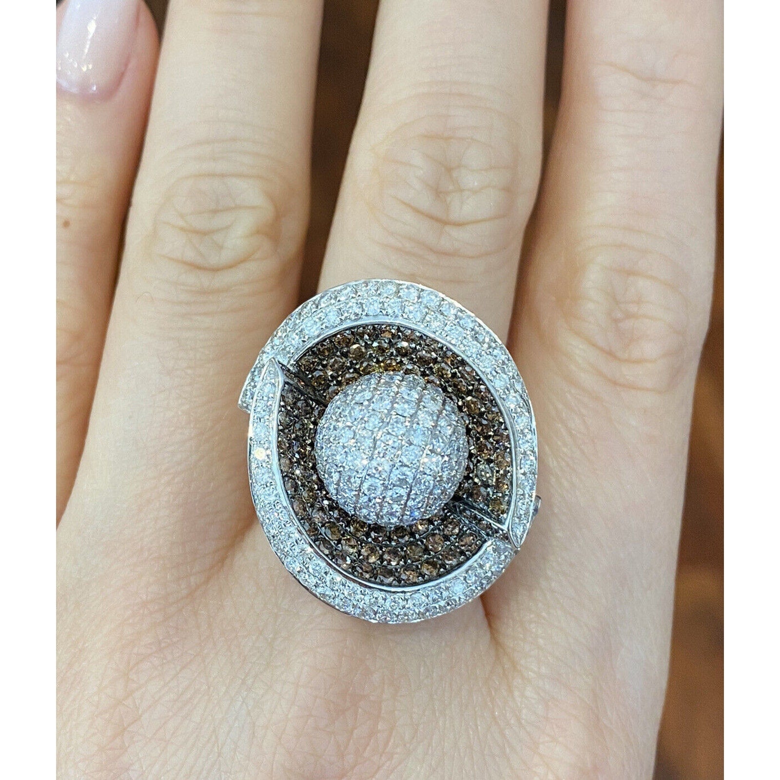 Large Pave Ball Ring with Brown and White Diamonds in 18k White Gold