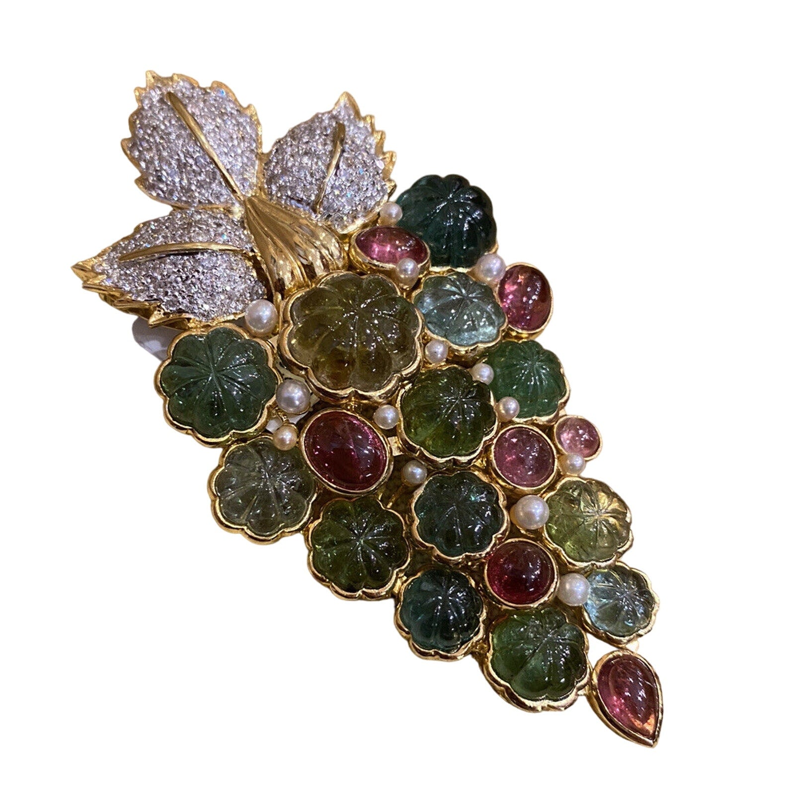 Carved Tourmaline/Topaz Grapes & Diamond Brooch in 18k Yellow Gold -- HM2311AE