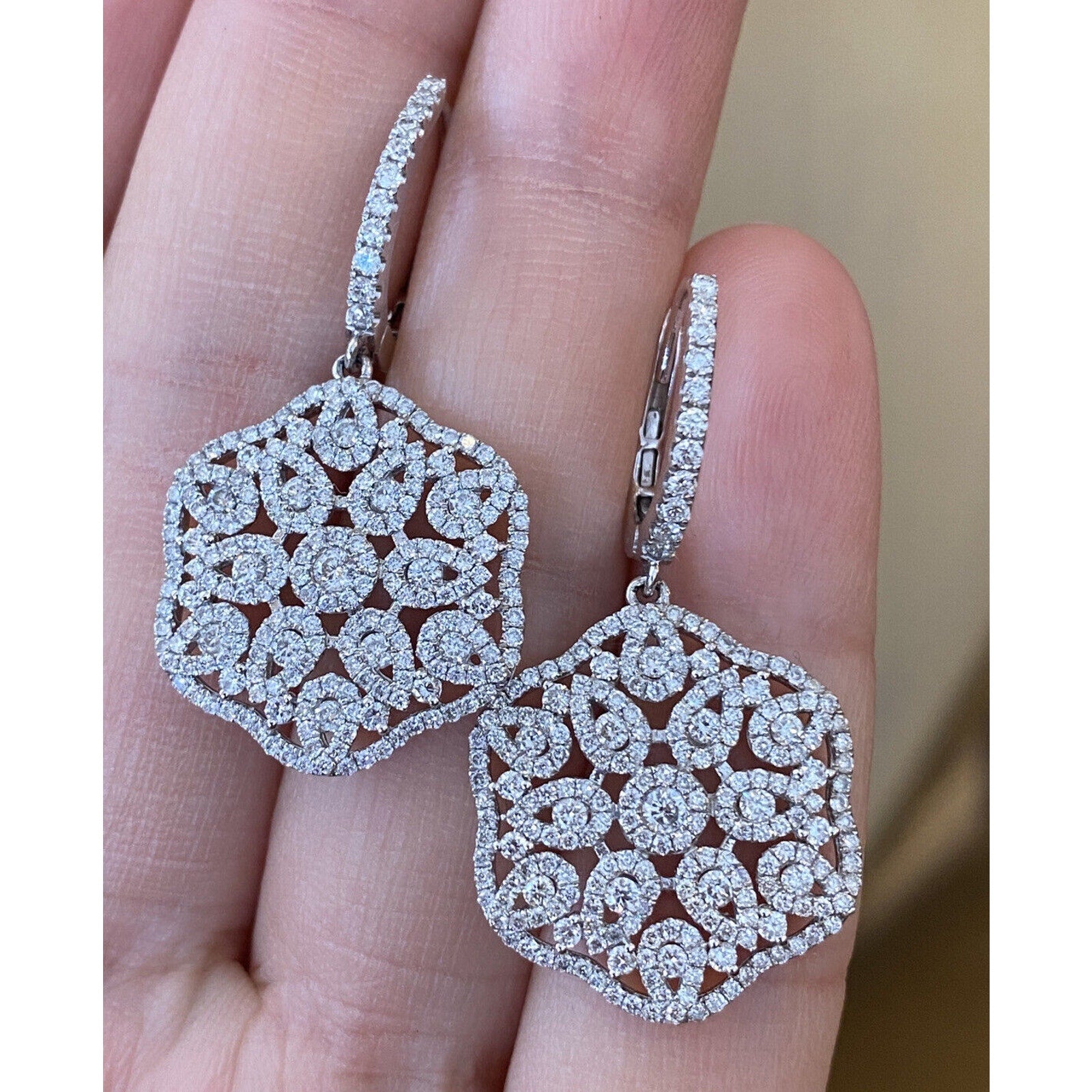 Diamond Floral Dangle/Drop Earrings 2.45 cttw in 18k White Gold