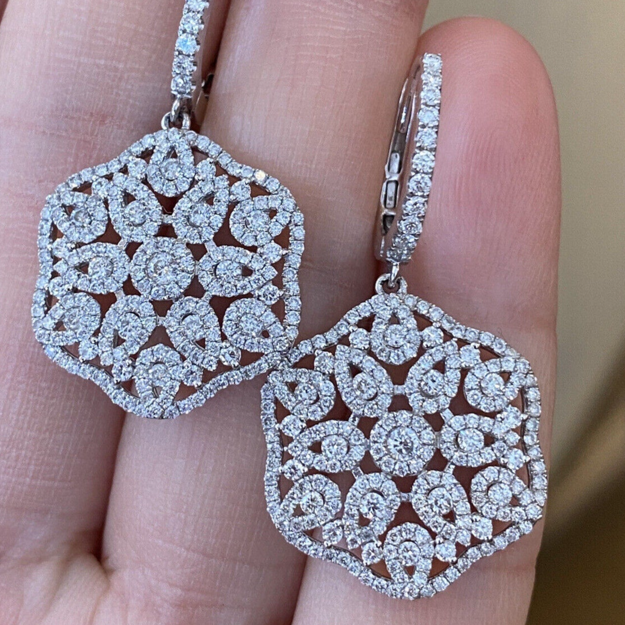 Diamond Floral Dangle/Drop Earrings 2.45 cttw in 18k White Gold