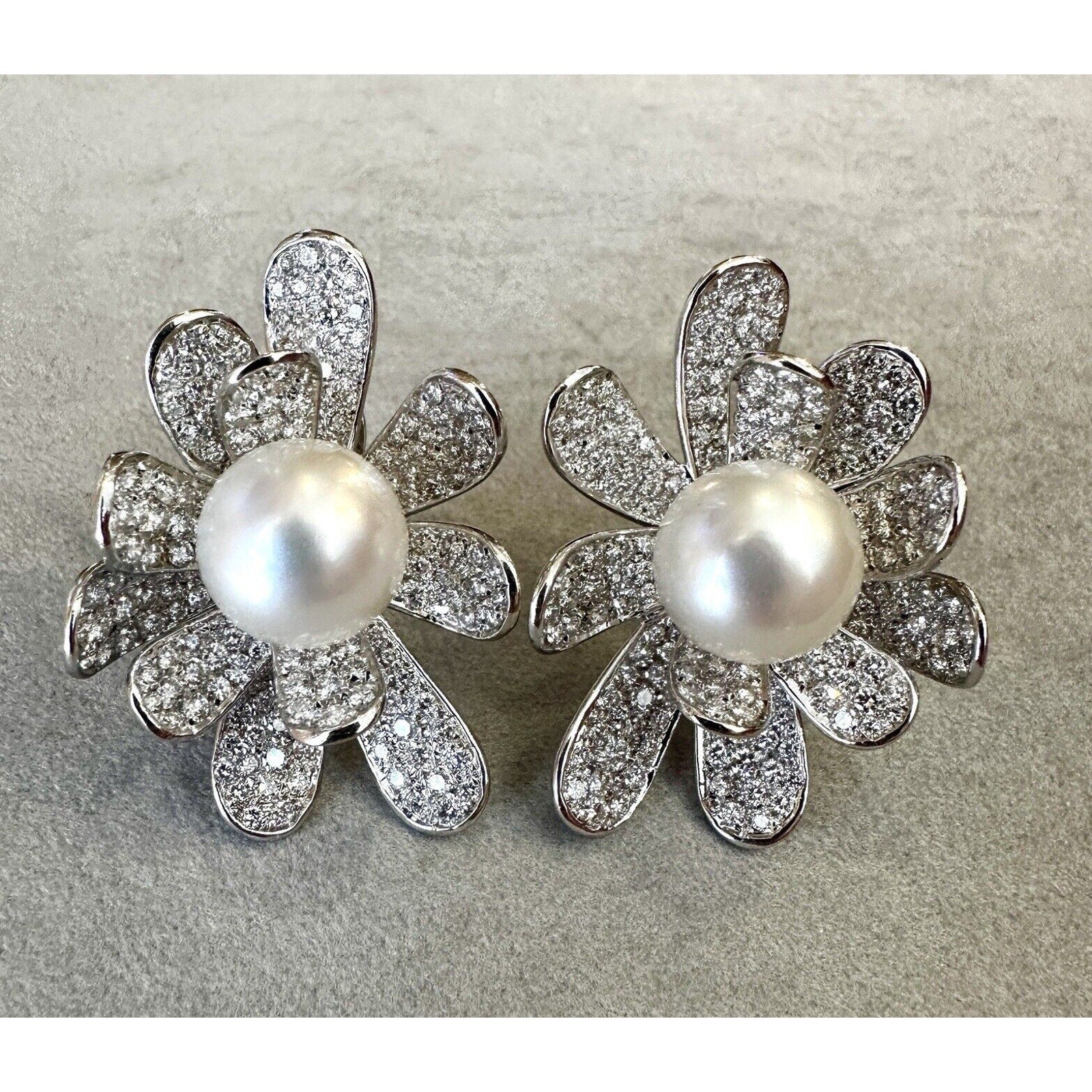 South Sea Pearl and Diamond Flower Earrings in 18k White Gold