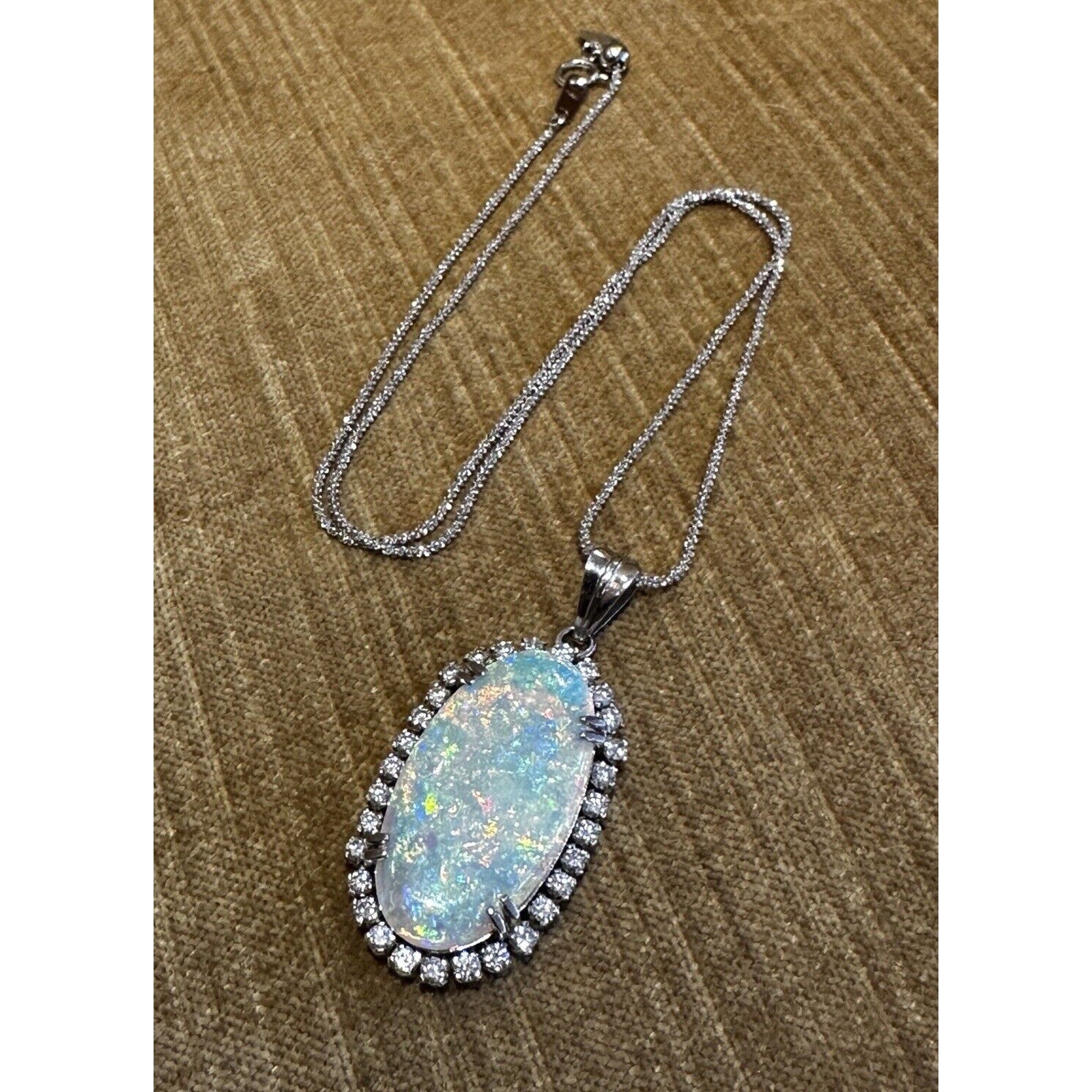 Large Opal with Diamond Halo Pendant in Platinum on Chain