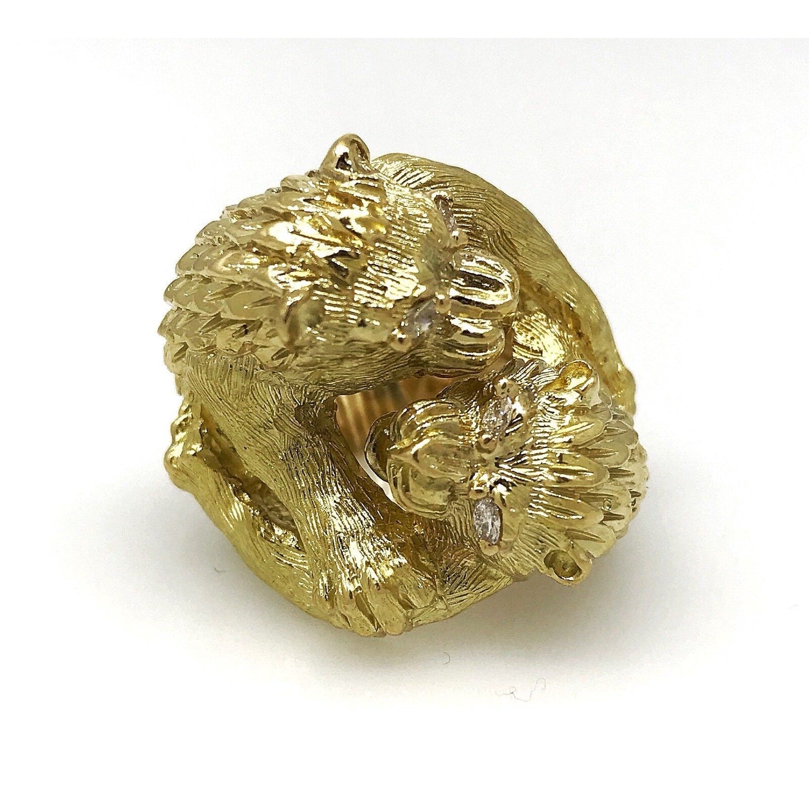 FRENCH Double Lion Heavy Textured Ring with Diamonds in 18k Yellow Gold