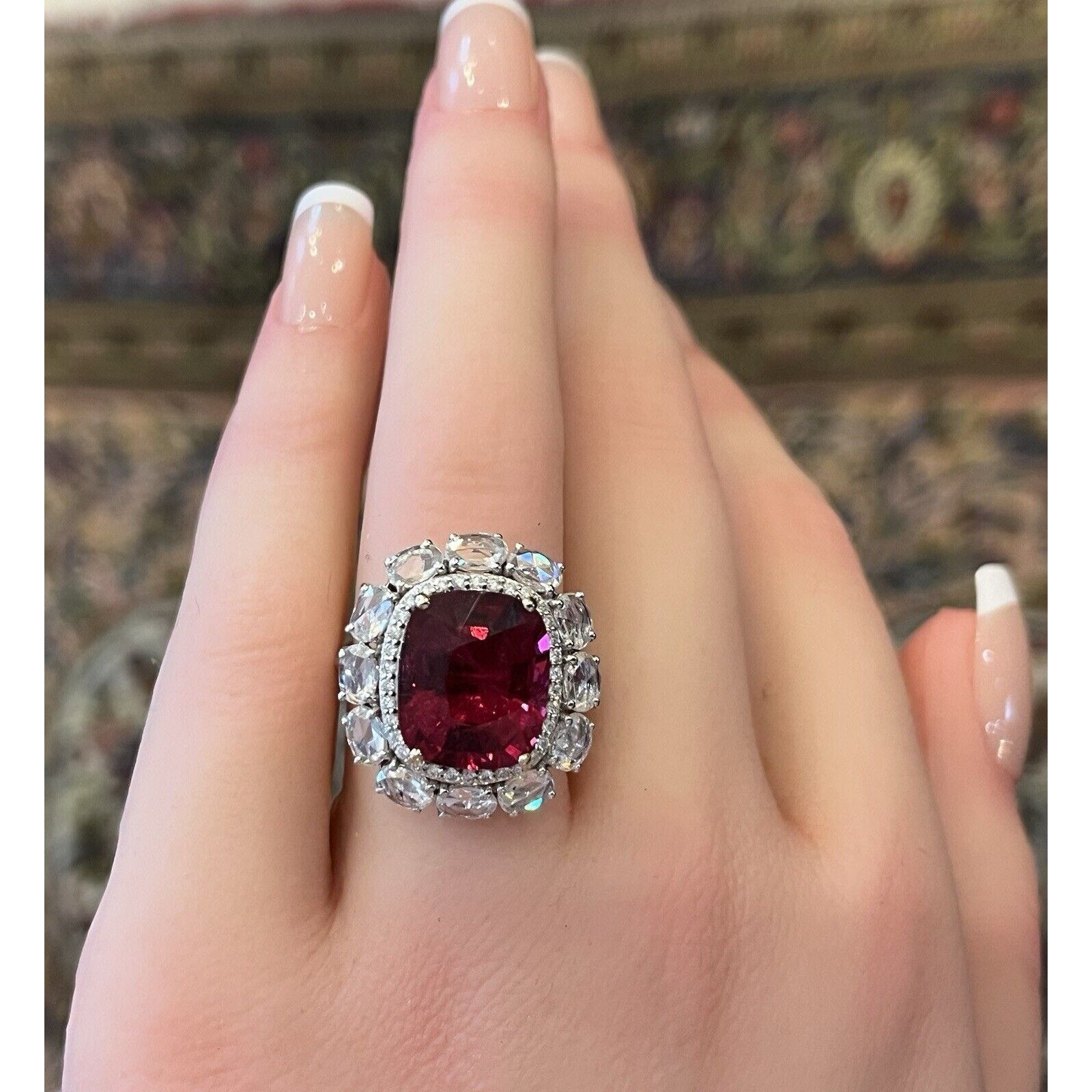 Natural Rubellite and Diamond Ring in 18k White Gold