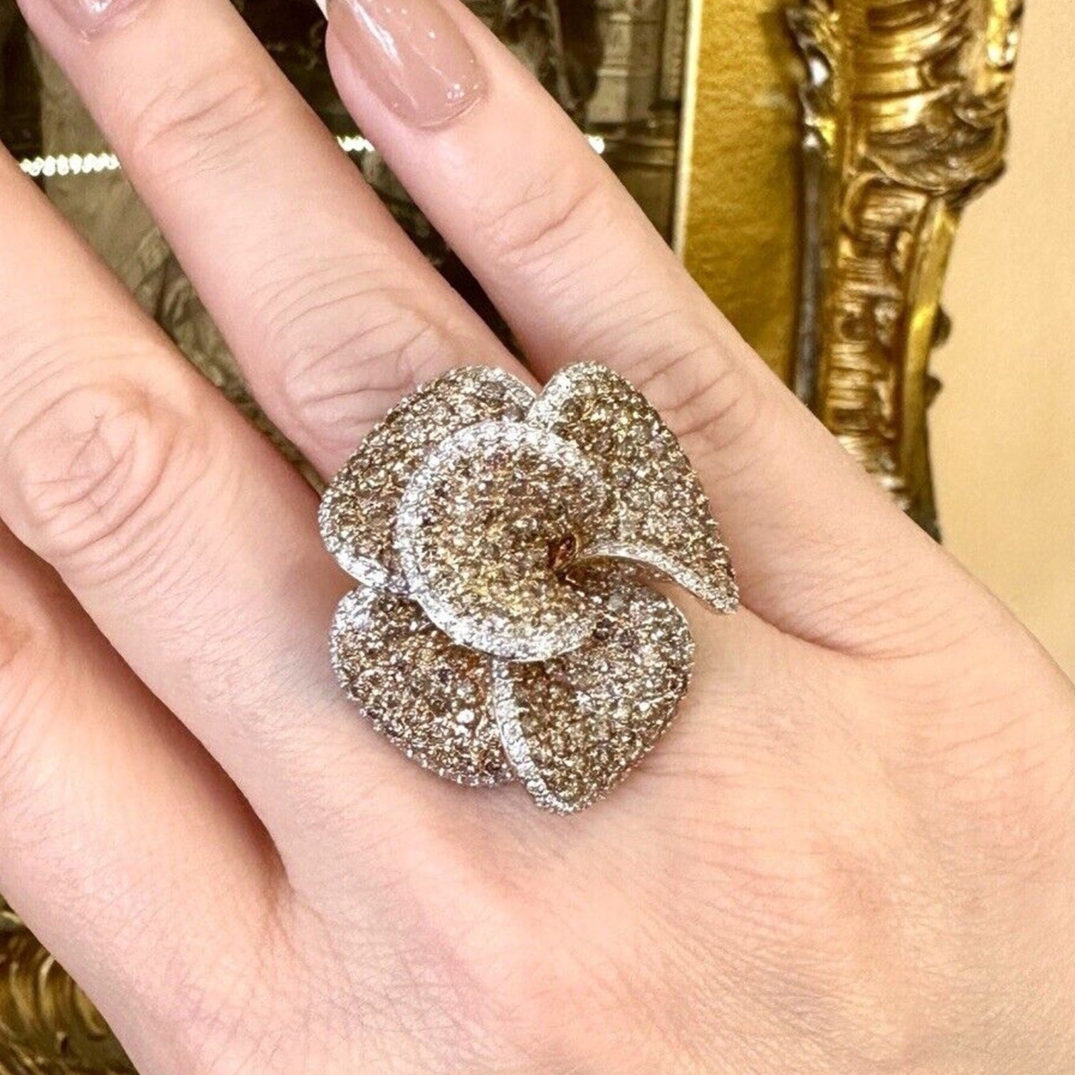 Brown and White Diamond Flower Petal Ring in 18k Rose Gold