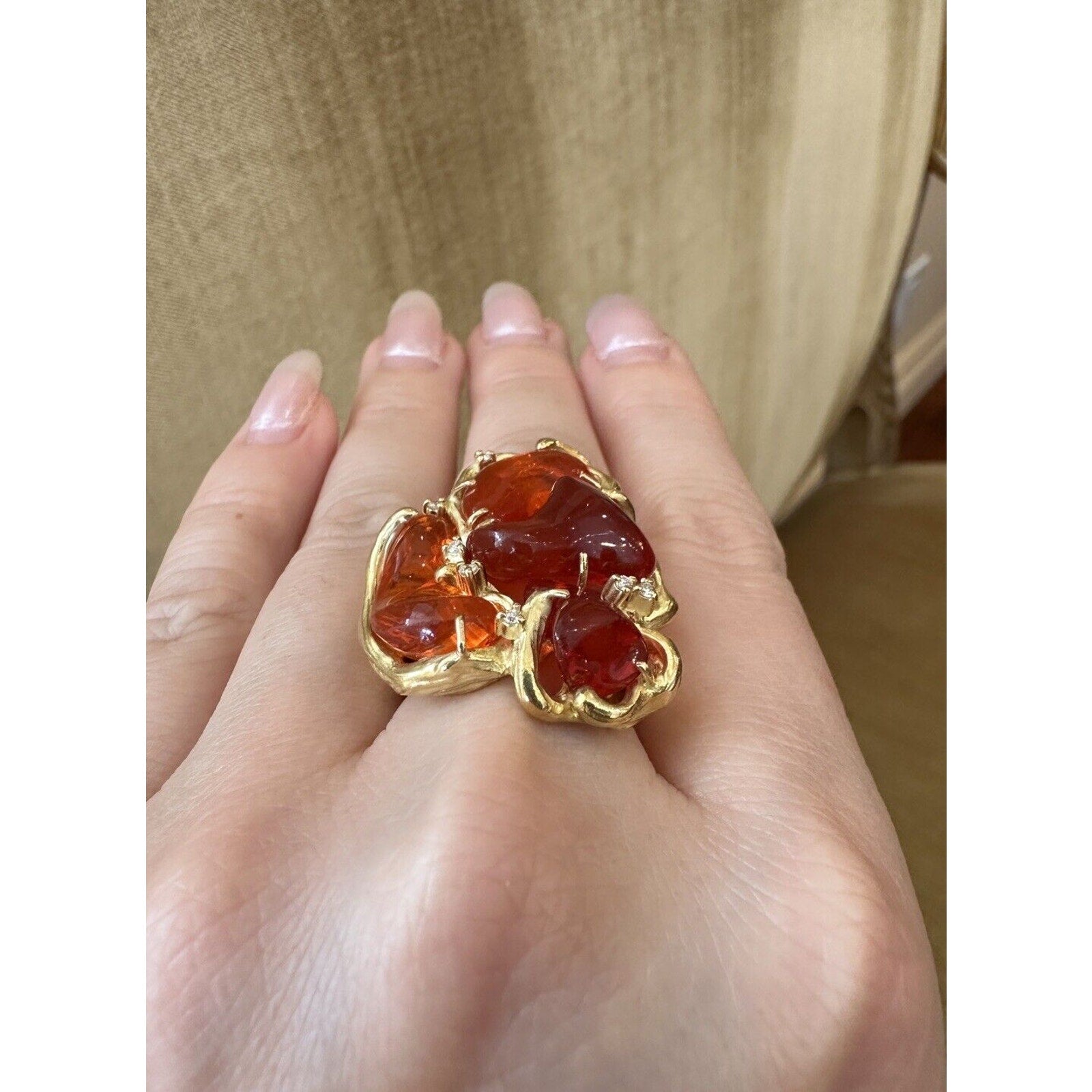 Fire Opal and Diamond Statement Ring in 18k Yellow Gold