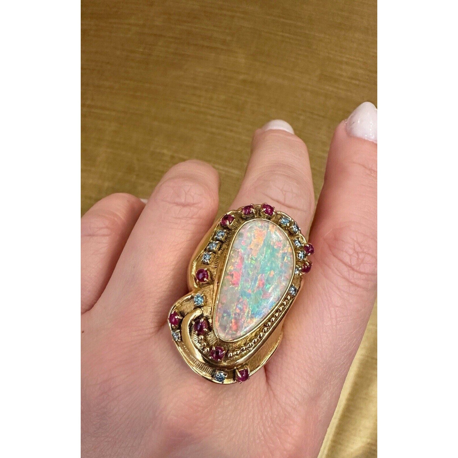 Large Opal, Ruby and Diamond Ring in 18k Yellow Gold - HM1725SI