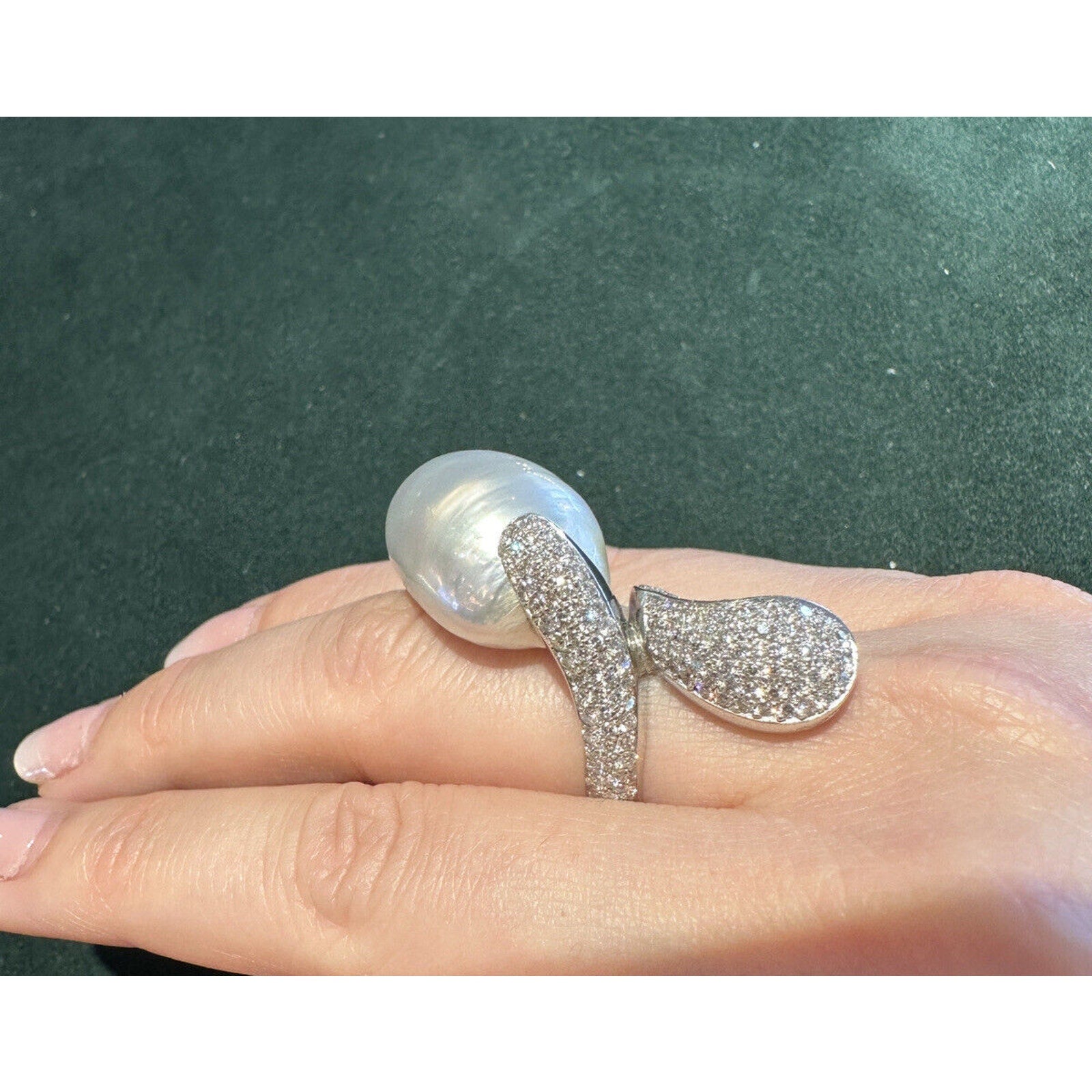 Large Baroque Pearl & Diamond Crossover Cocktail Ring in 18k White Gold