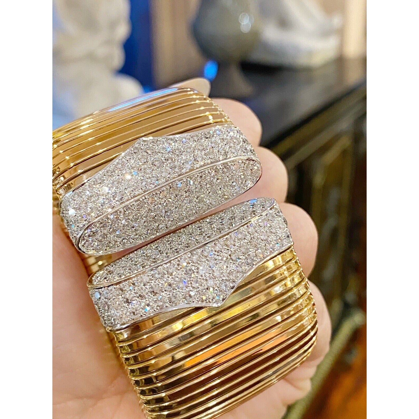 Vintage Diamond Wide Tubogas Cuff Bracelet in 18k Gold