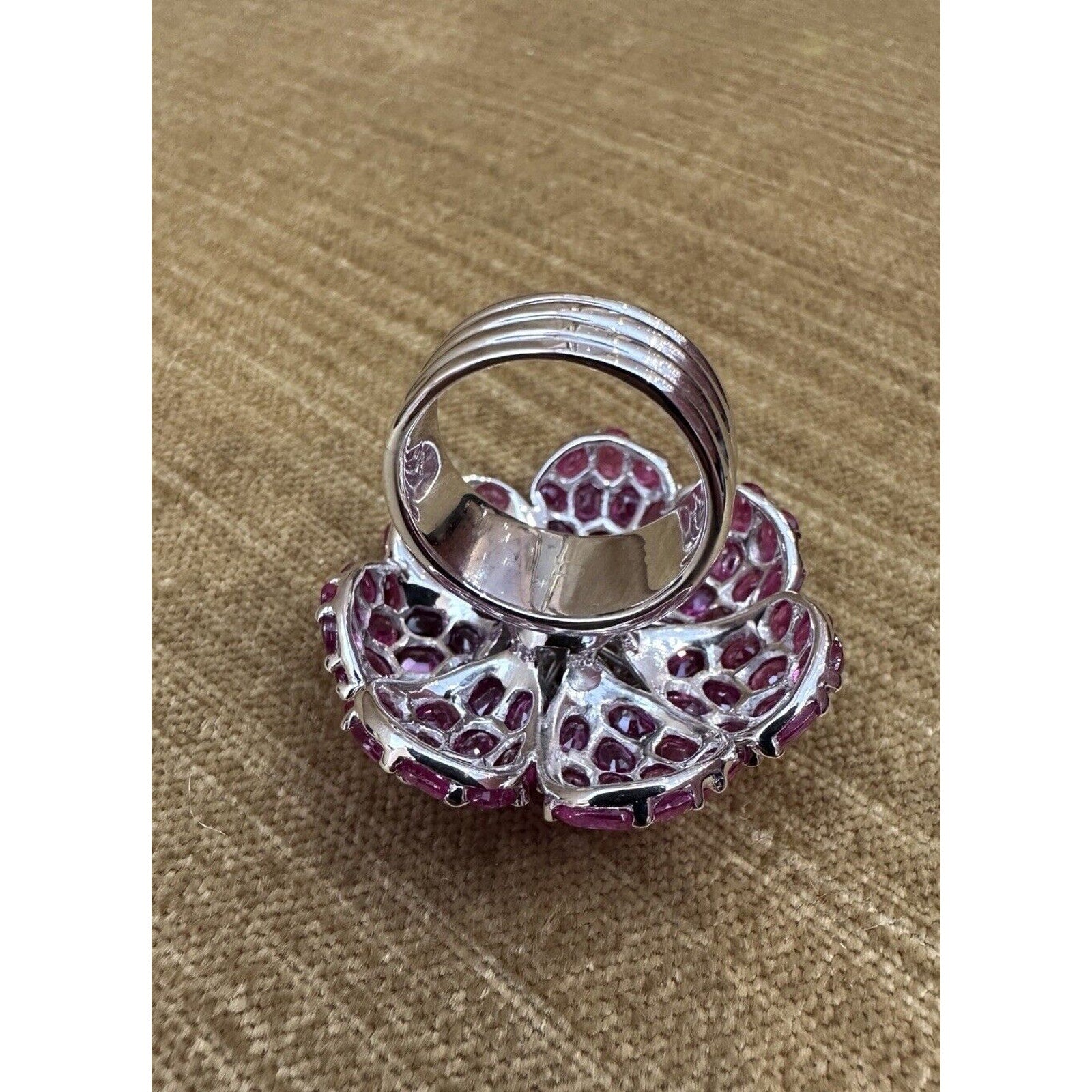 Large Ruby and Diamond Flower Cocktail Ring in 18k White Gold