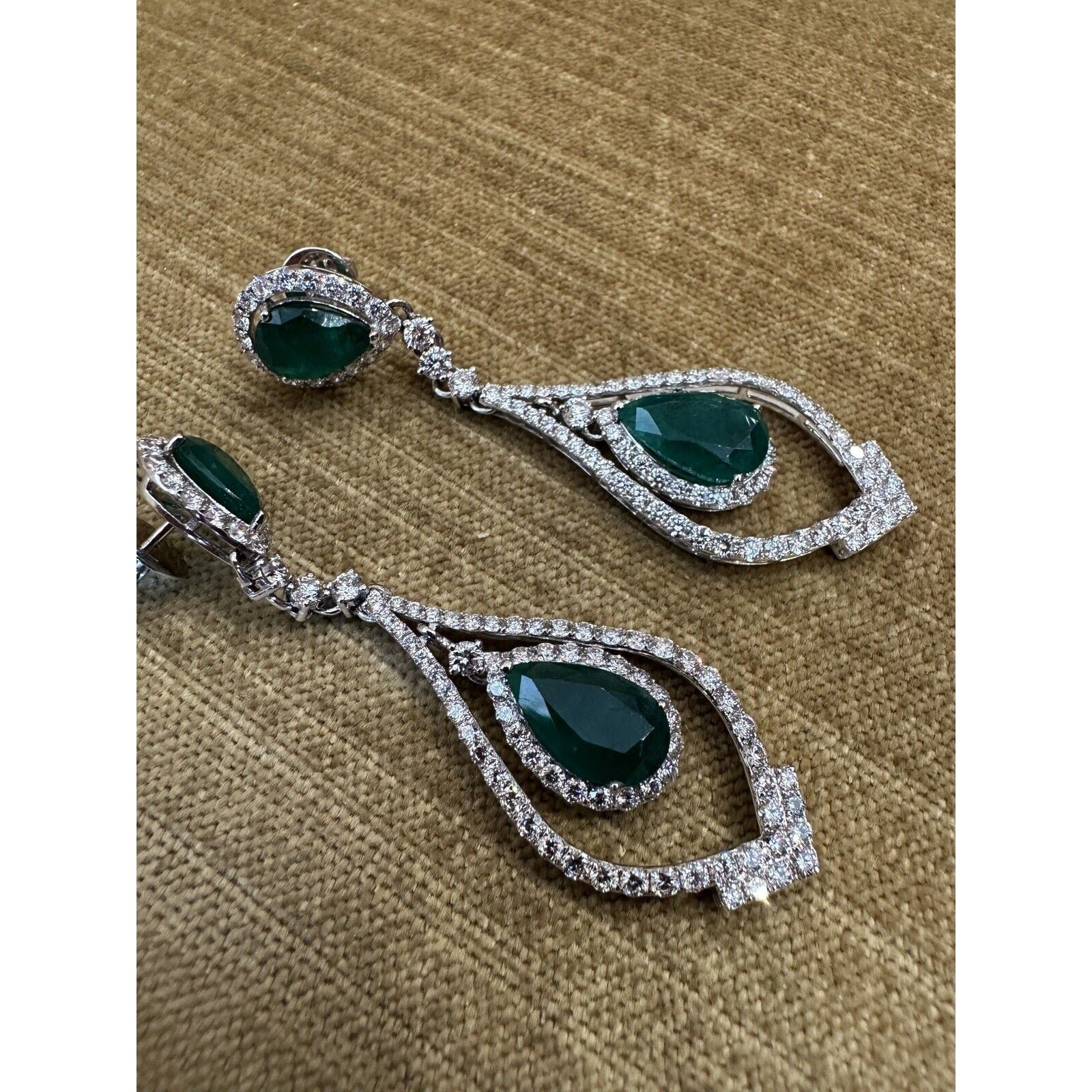Pear Emerald and Diamond Drop Earrings in 18k White Gold- HM2456E