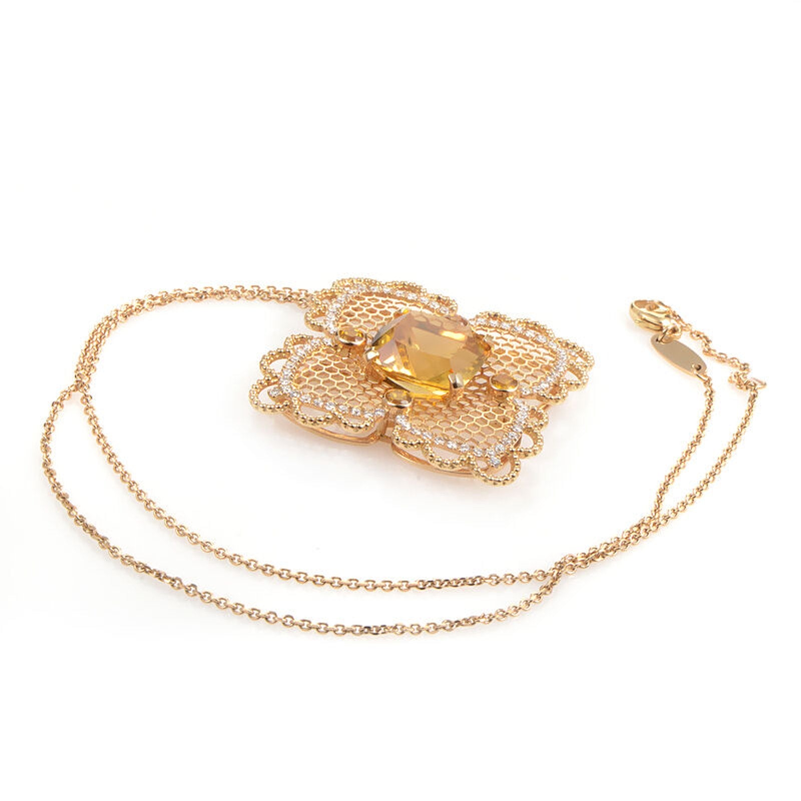 Citrine and Diamond Lace Pendant Necklace in 18k Yellow Gold - HM1583SE