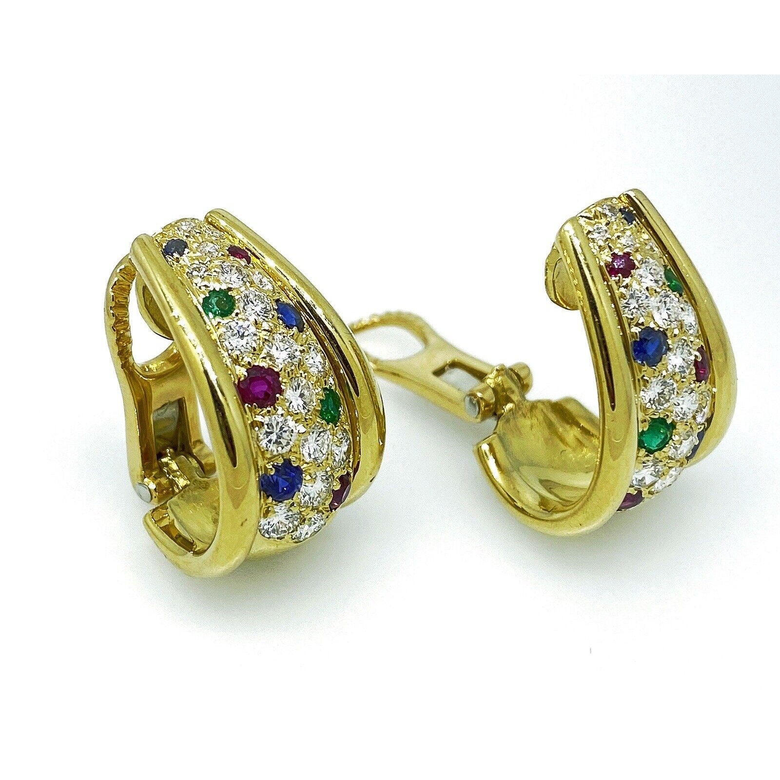 Diamond, Sapphire, Ruby, Emerald Half Hoop Earrings in 18k Yellow Gold