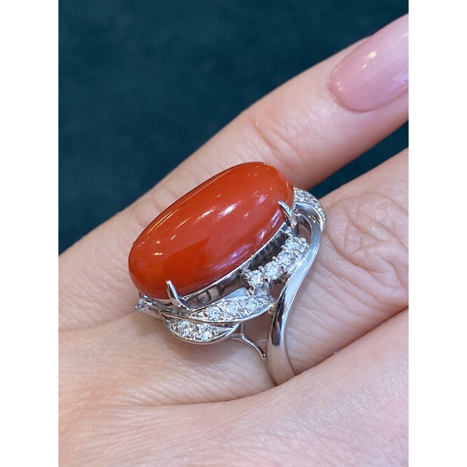 Estate Oval Coral and Diamond Cocktail Ring in Platinum