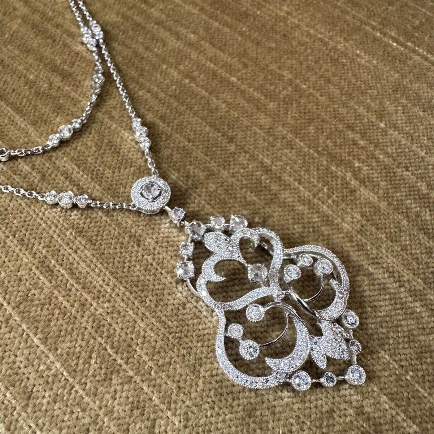 Diamond Pendant Necklace with Diamond Set Chain in 18k White Gold