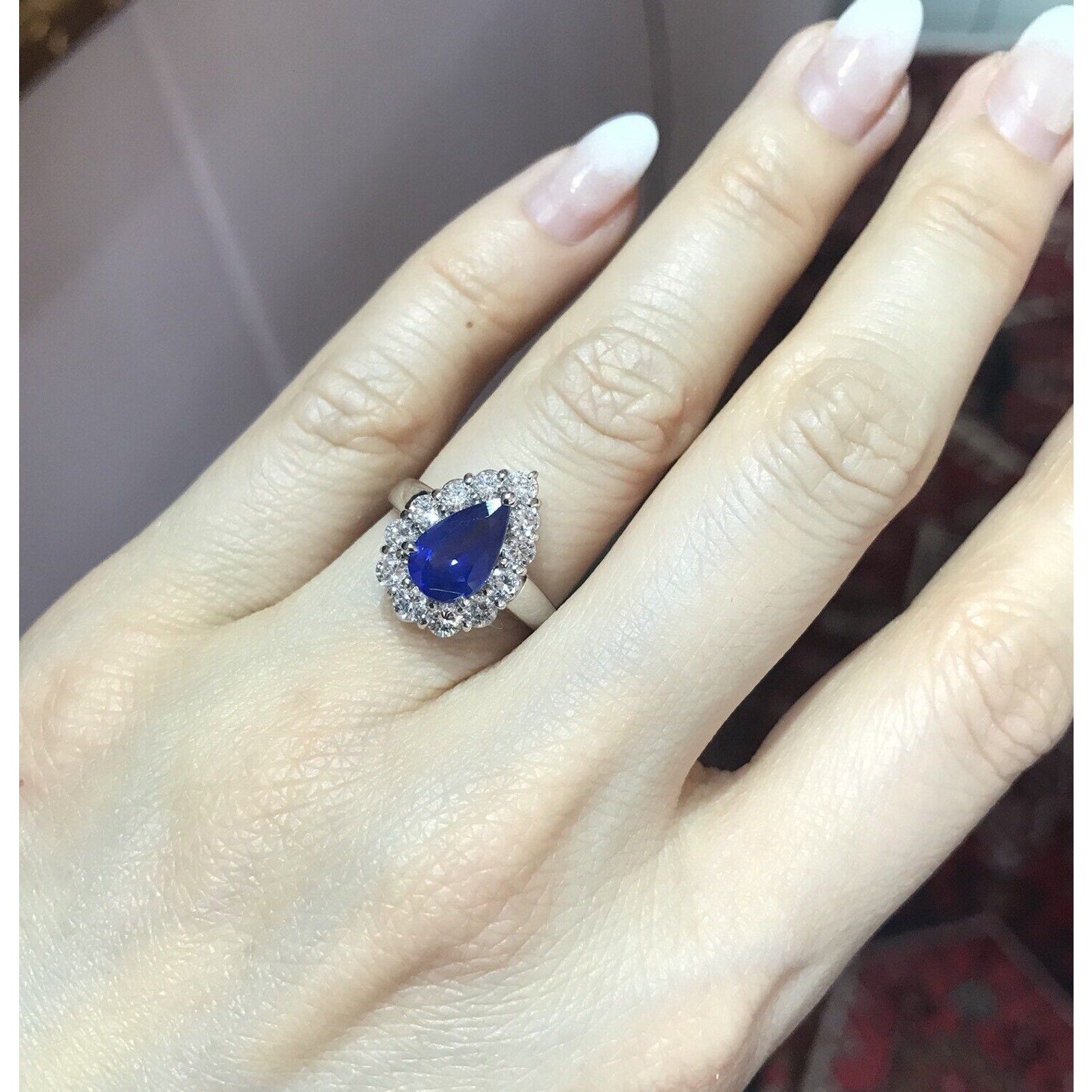 Cornflower Blue Pear Shaped Sapphire and Diamond Ring in Platinum