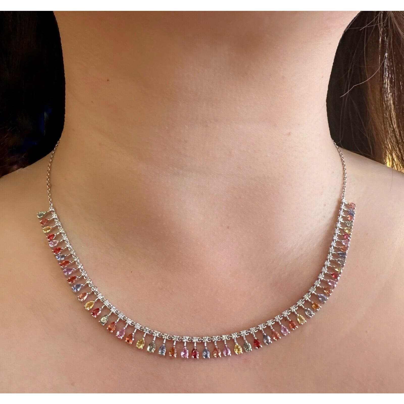 Multicolor Sapphire and Diamond Drop Choker Necklace in 18k White Gold-HM2559A