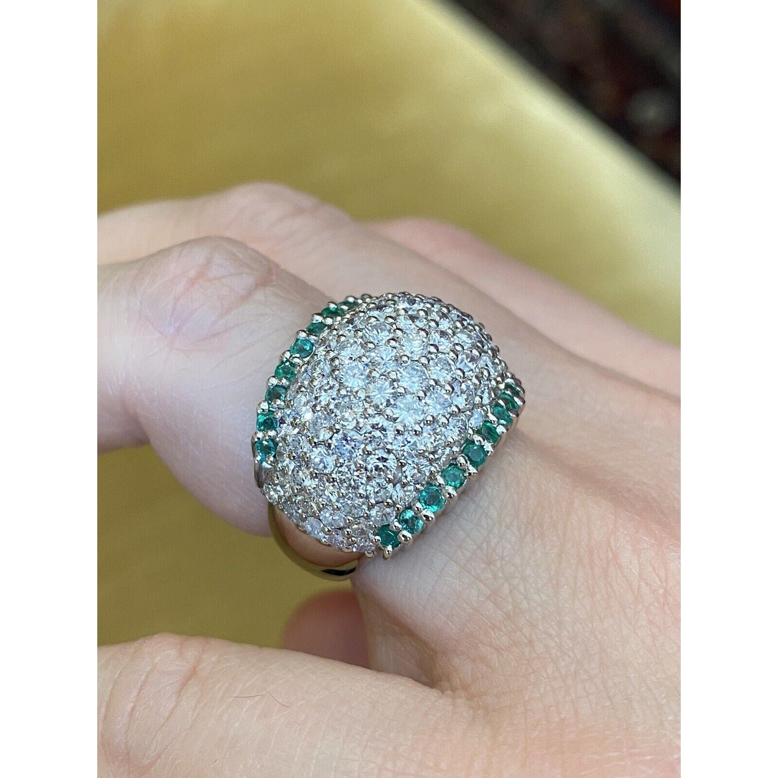 Estate Emerald & Diamond Wide Pave Dome Ring in Platinum