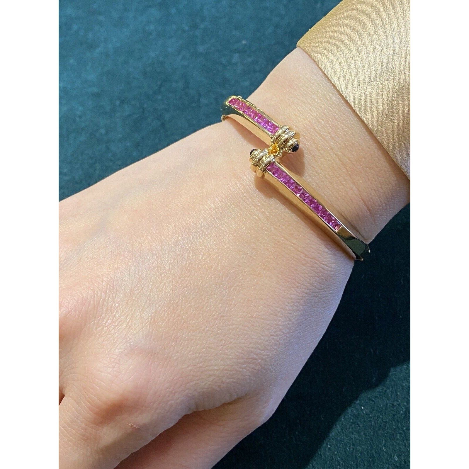 Pink Sapphire Crossover Bangle Bracelet in 18k Yellow Gold