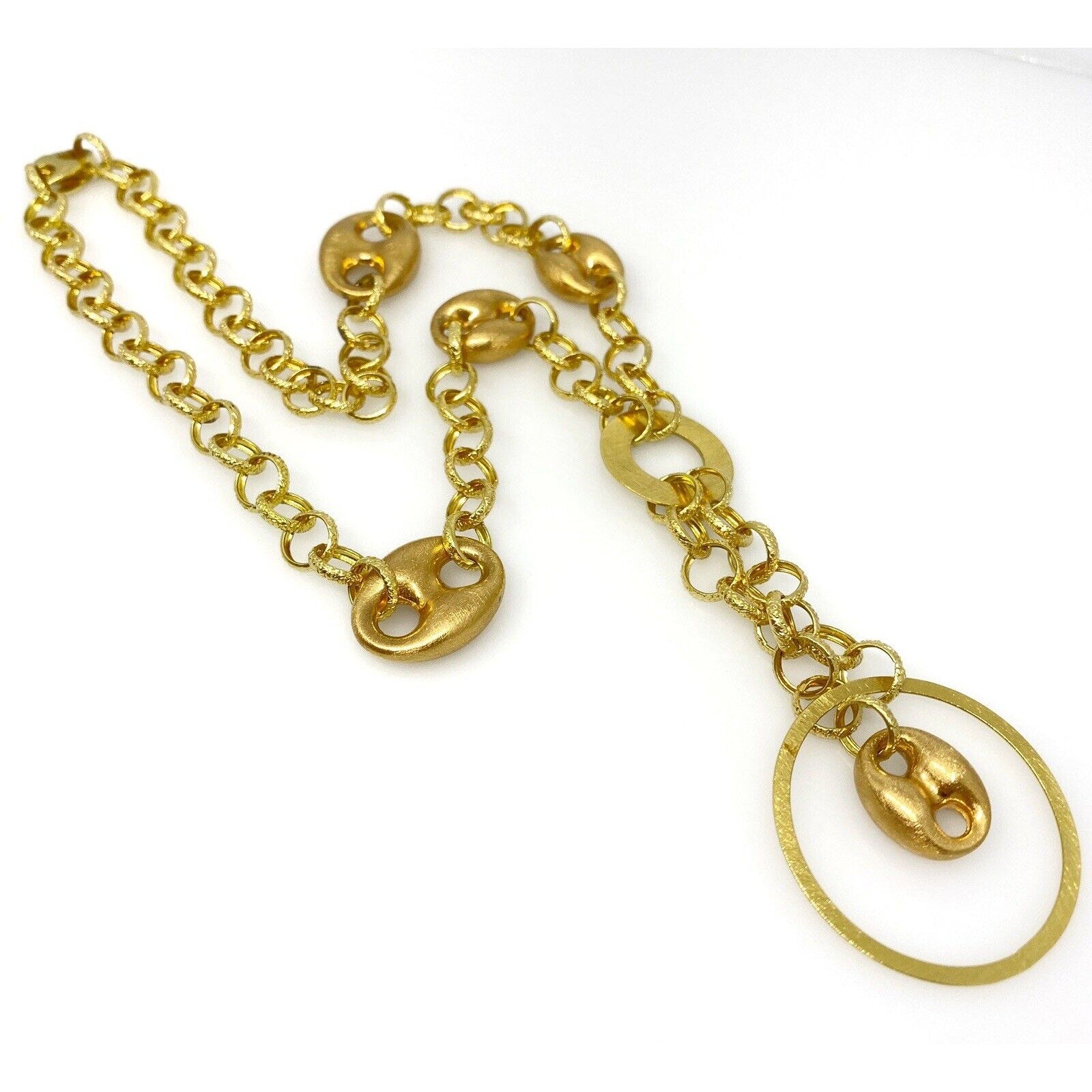 18k YG Textured Open Link Chain Necklace with Drop Pendant