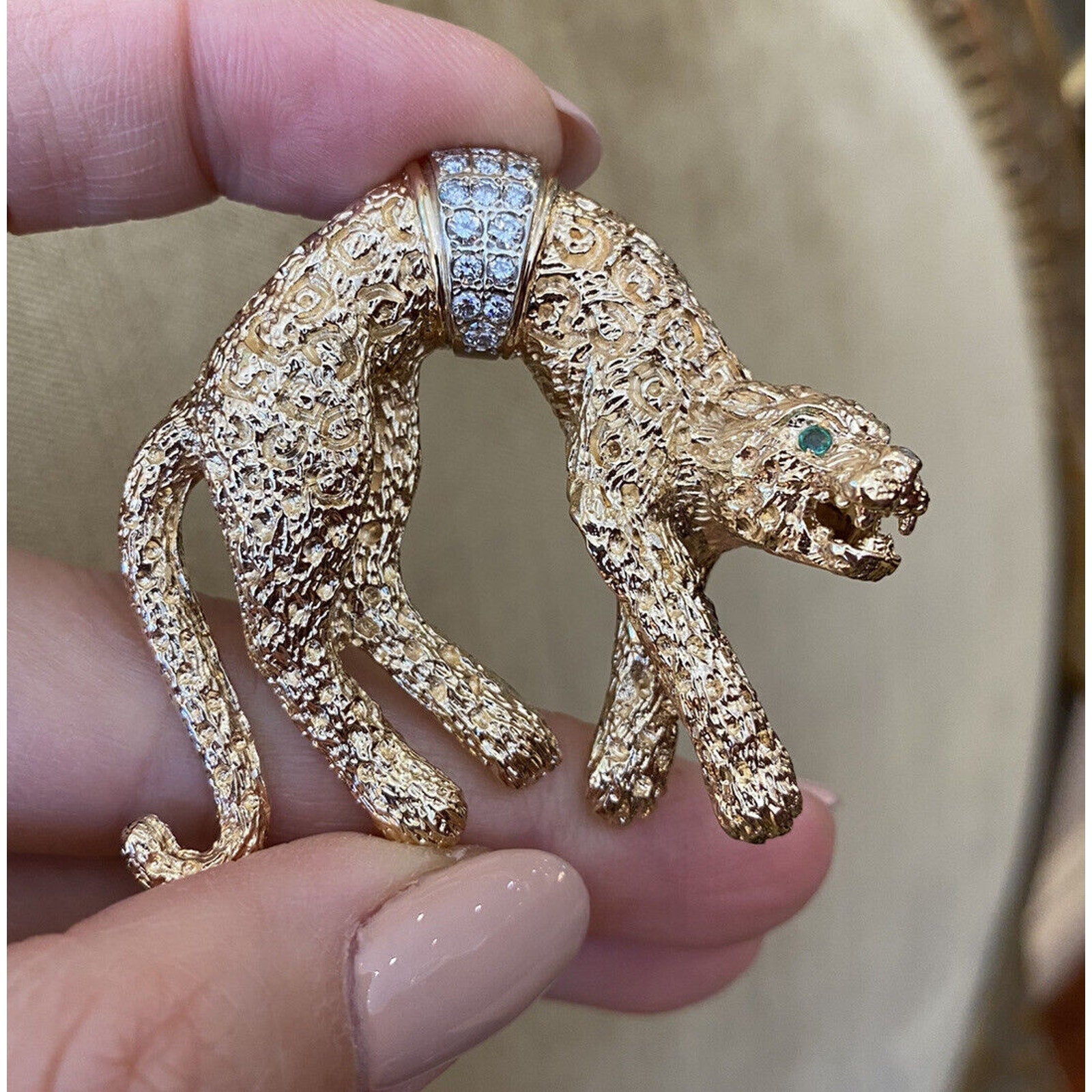 Large Hanging Panther Pin Brooch with Diamonds in 14k Yellow Gold