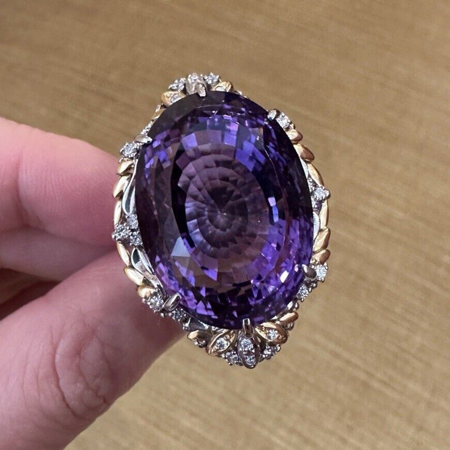 Large Oval Amethyst Ring 62.33 ct with Diamonds in Platinum and Gold