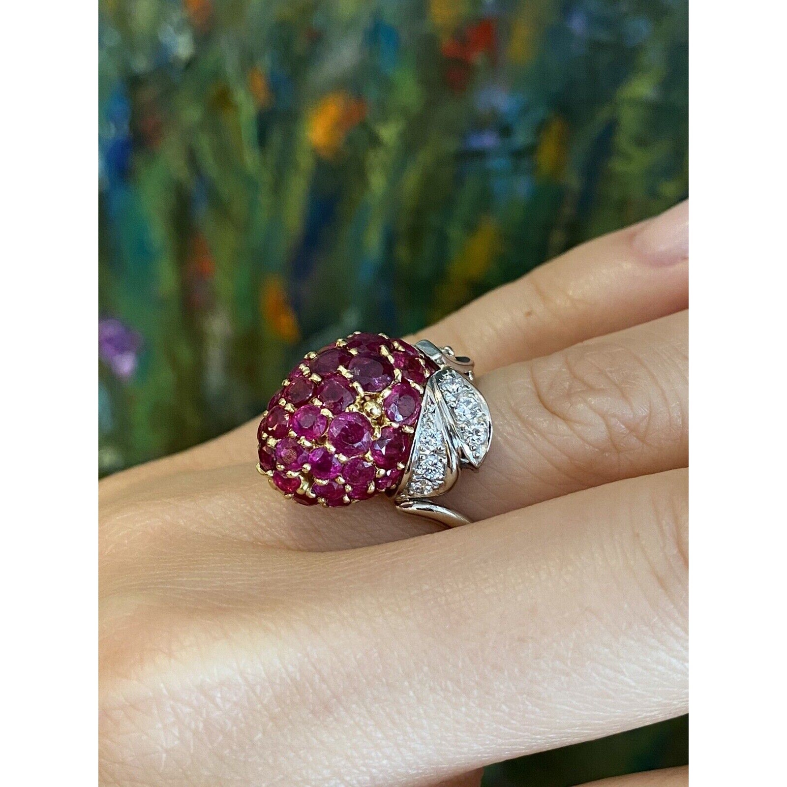 Ruby & Diamond Dome Strawberry Ring in 18k Yellow Gold & Platinum