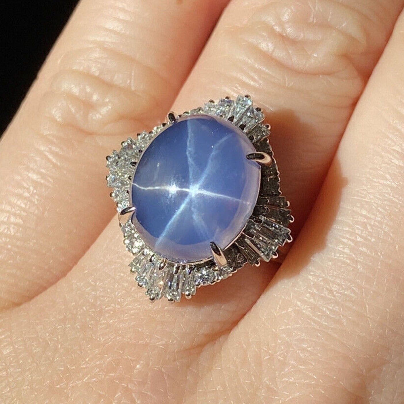 GIA 12.95 cts. Unheated Blue Star Sapphire & Diamond Ring in Platinum - HM2218AE