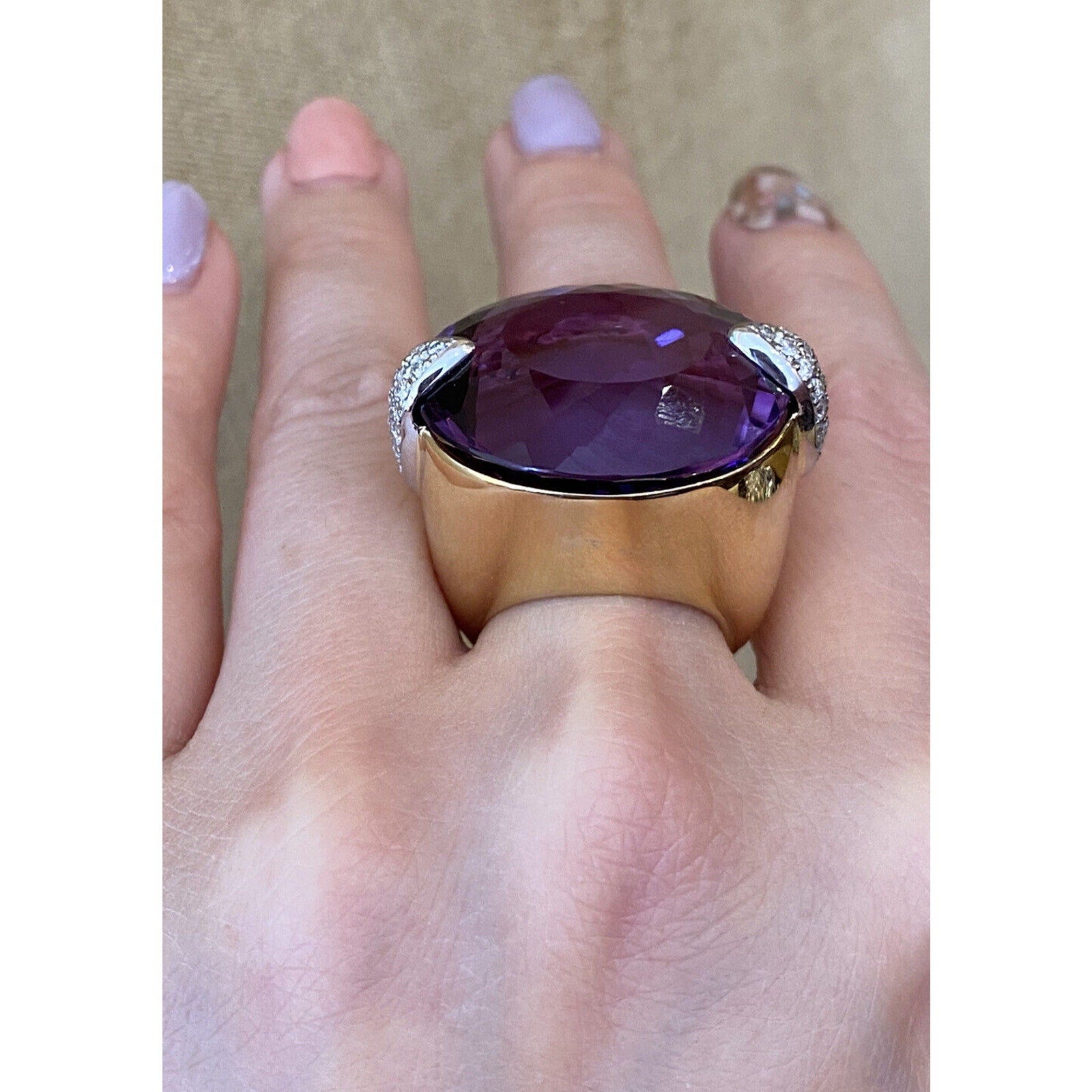 Large 54.03 cts Amethyst & Diamond Cocktail Ring in Plat & 18k Gold