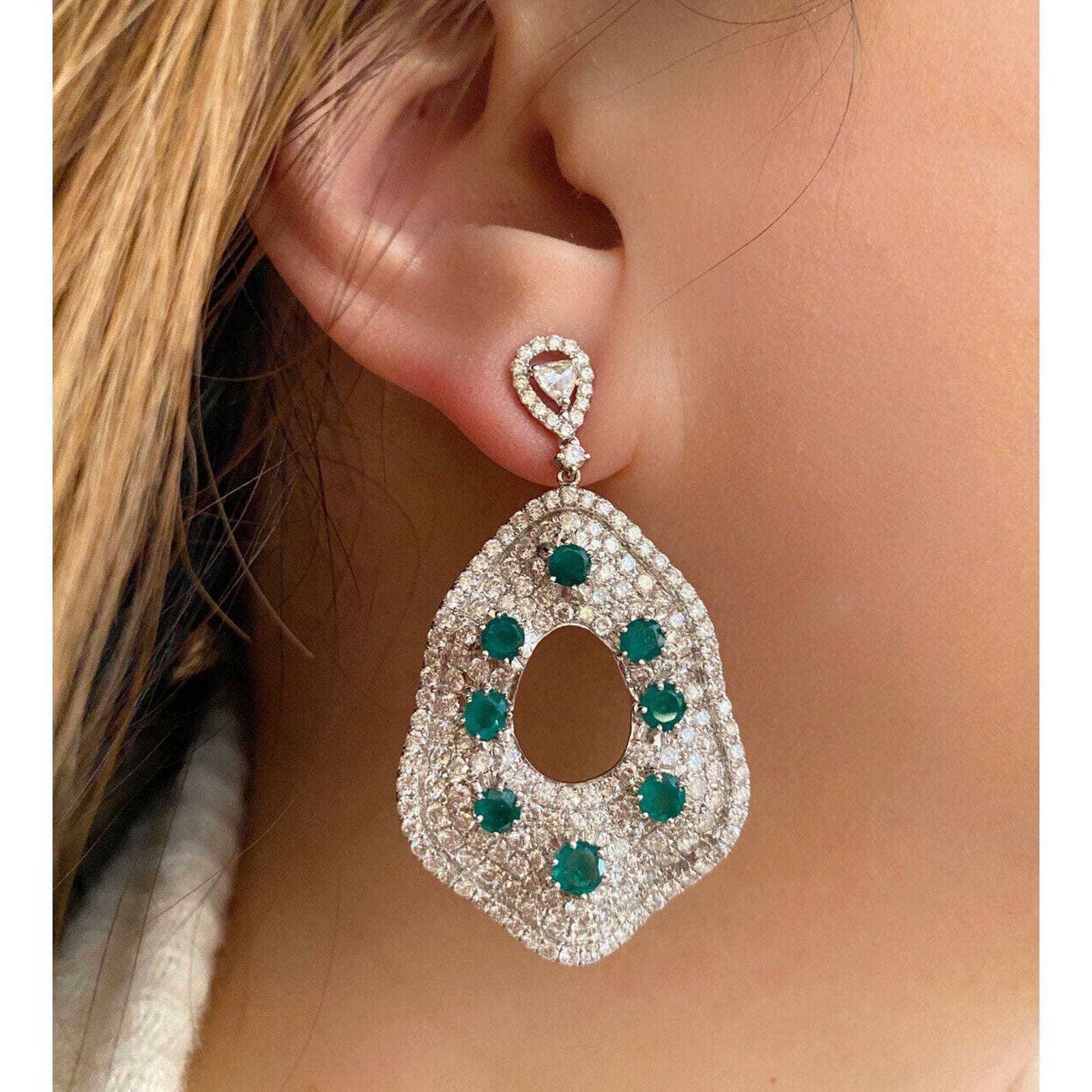 Large Pave Diamond and Emerald Drop Earrings in 18k White Gold - HM1740EE