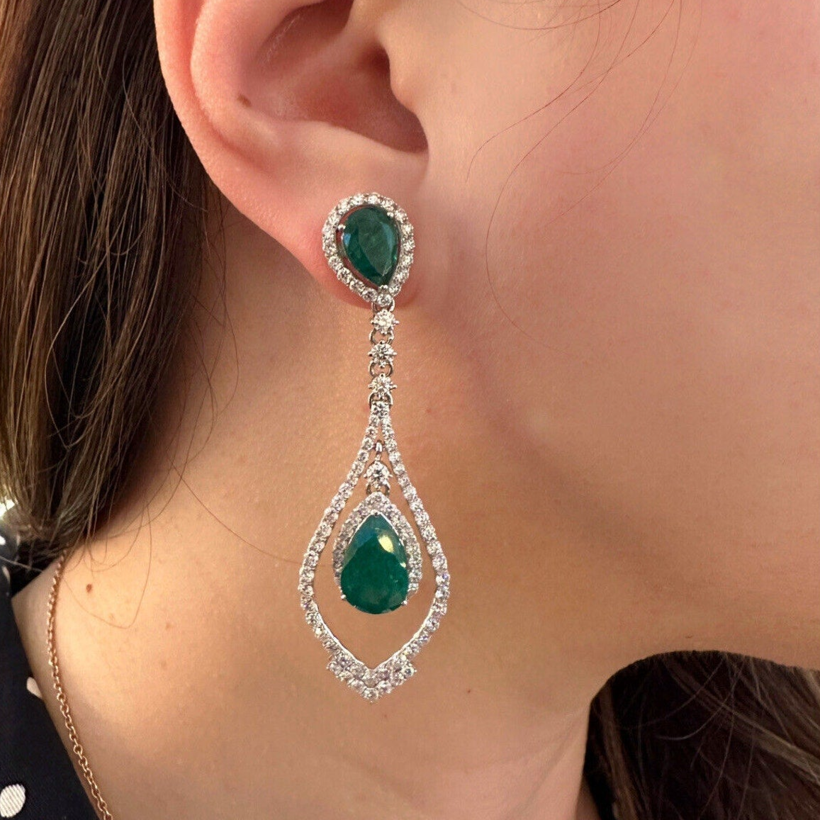 Pear Emerald and Diamond Drop Earrings in 18k White Gold- HM2456E