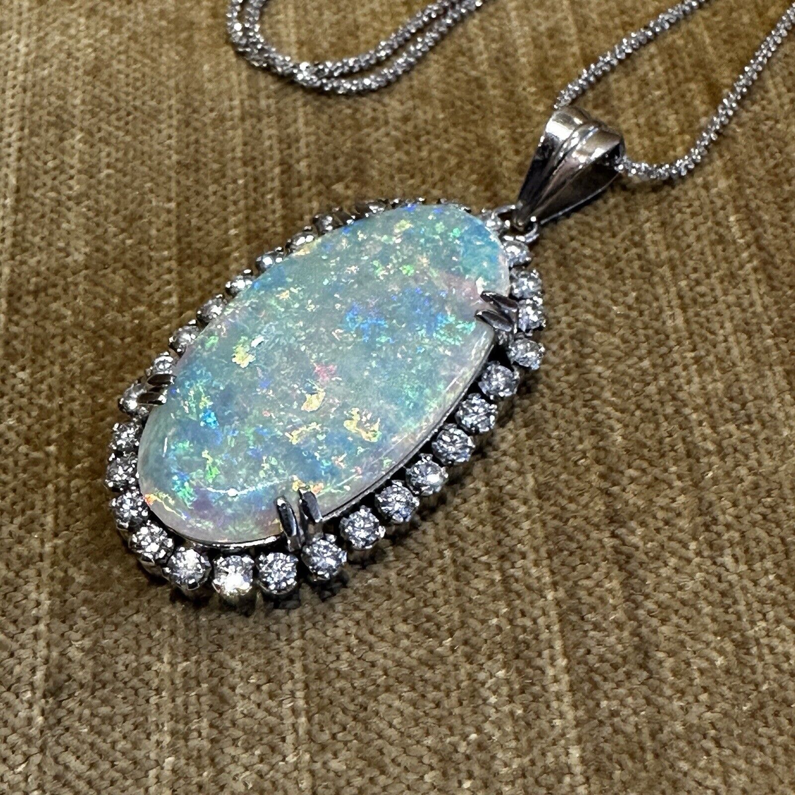 Large Opal with Diamond Halo Pendant in Platinum on Chain