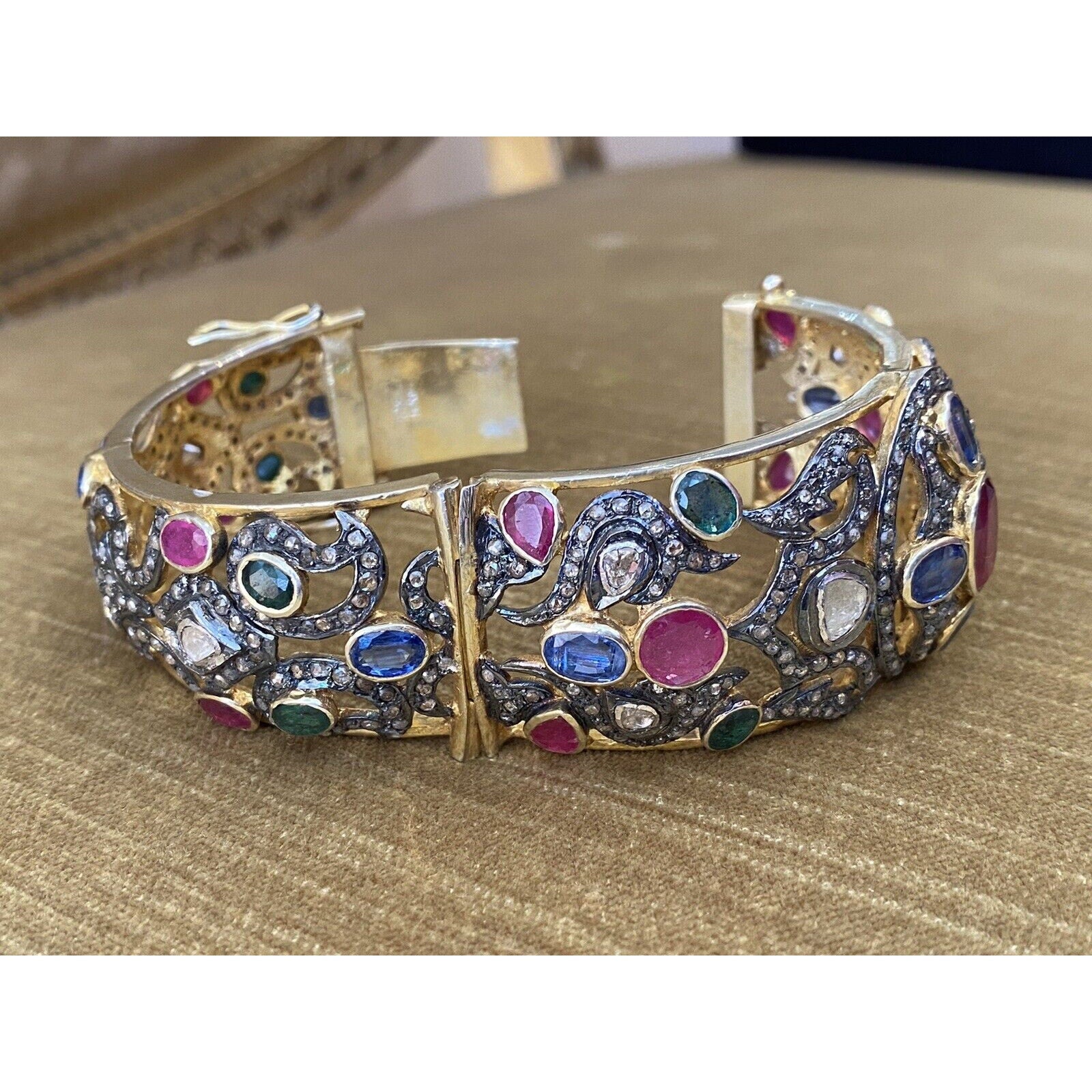 Vintage Multi Gems and Diamond Bangle Bracelet in 14k Gold and Silver