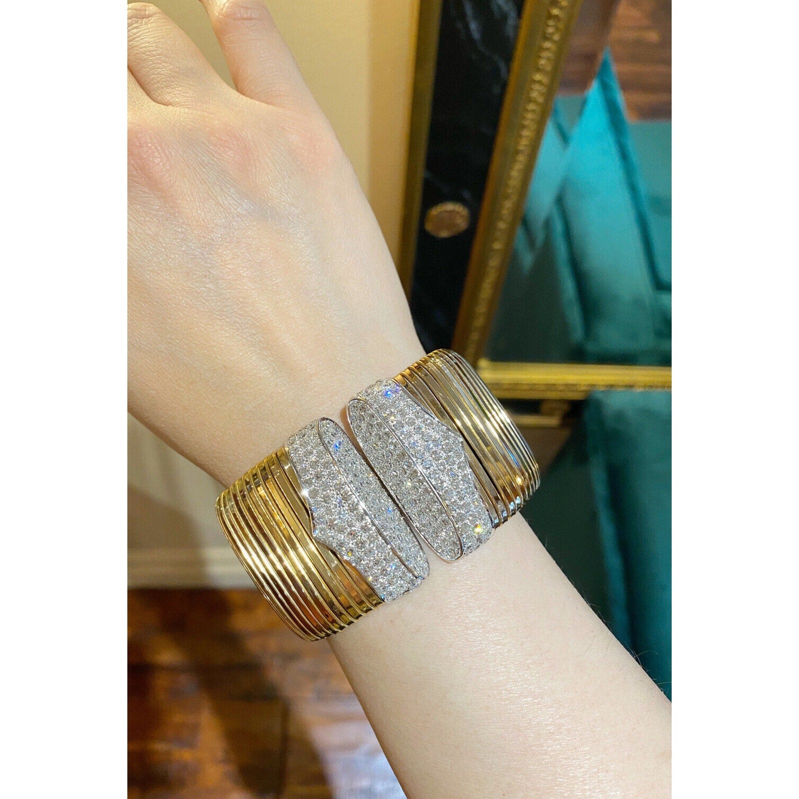 Vintage Diamond Wide Tubogas Cuff Bracelet in 18k Gold