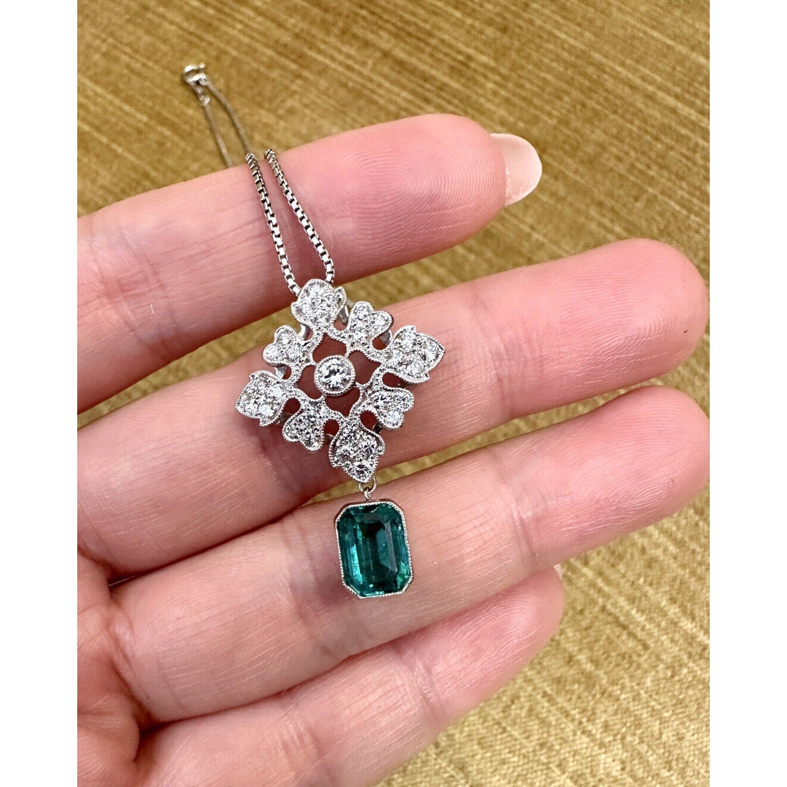 Emerald Drop and Diamond Pendant Necklace in Platinum - HM2496AI