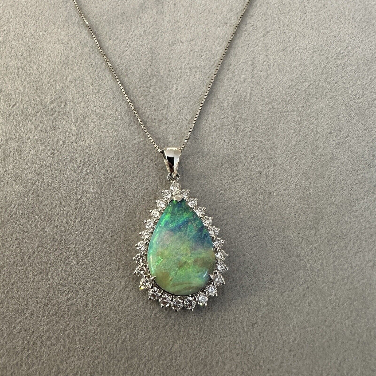 Pear-shaped Boulder Opal and Diamond Pendant Necklace in Platinum