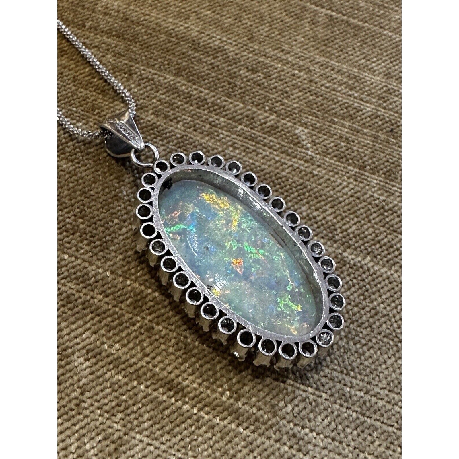 Large Opal with Diamond Halo Pendant in Platinum on Chain