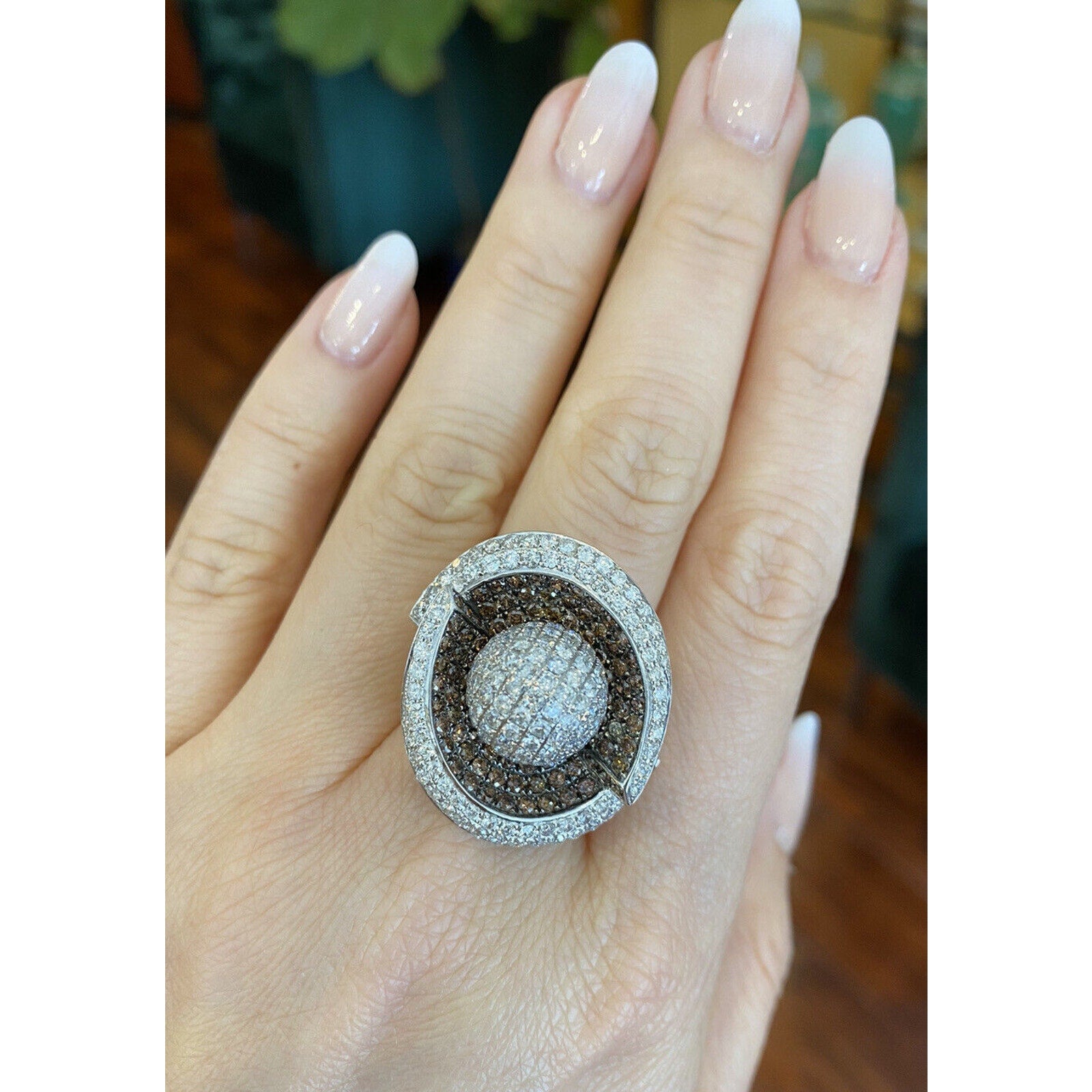 Large Pave Ball Ring with Brown and White Diamonds in 18k White Gold