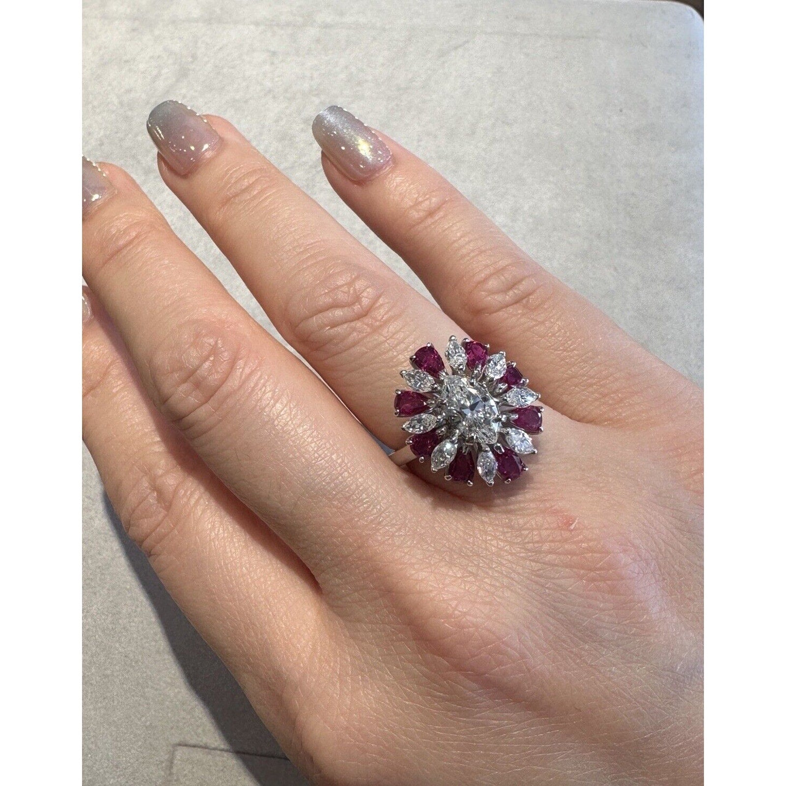 GIA .93 carat Marquise Diamond and Pear Ruby Cocktail Ring in Platinum