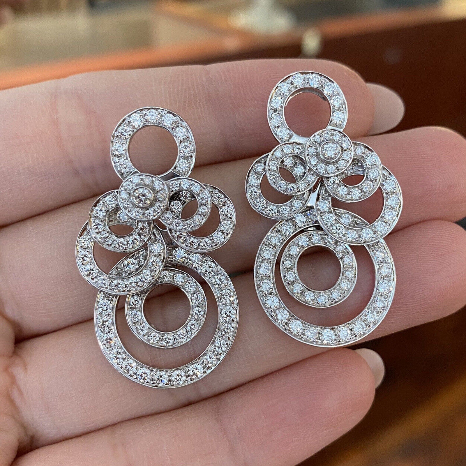 Diamond Circlets Drop Earrings in 18k White Gold