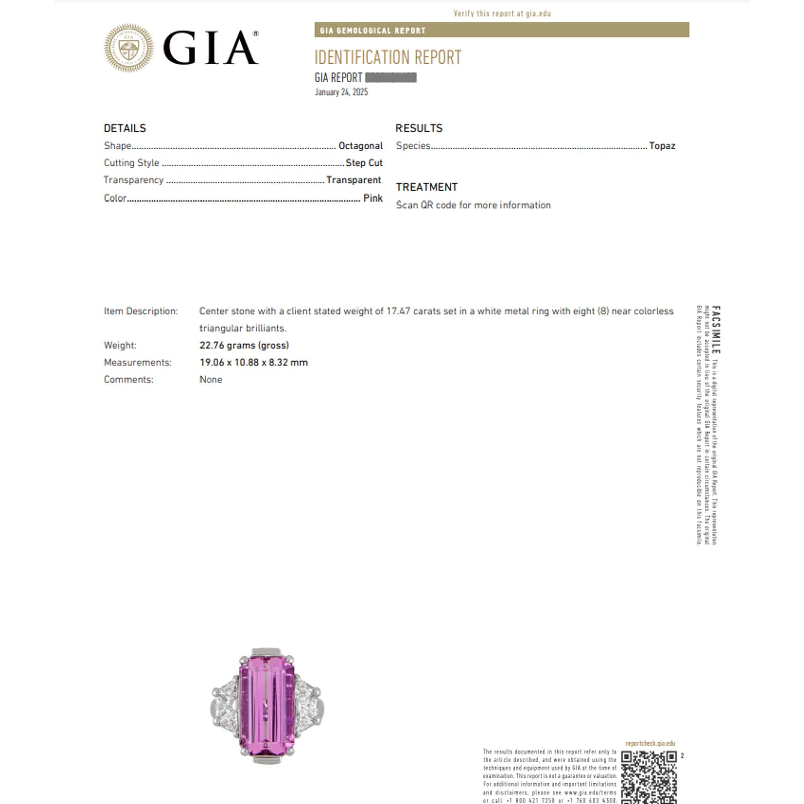 RARE GIA 17.47 cts Pink Topaz and Diamond Ring in Platinum