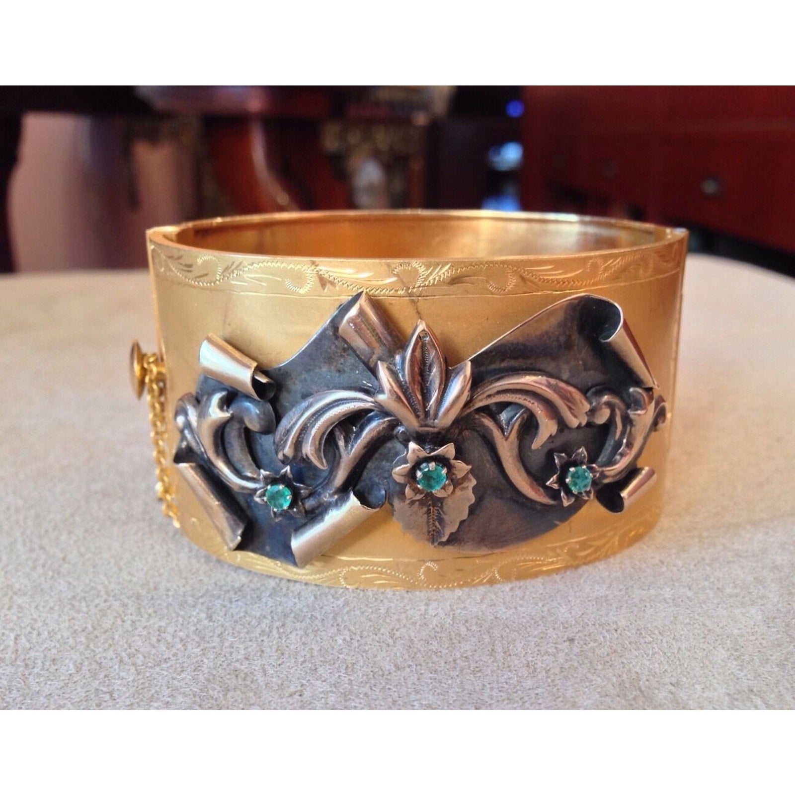 Antique Wide Gold Bangle Bracelet in 12K Yellow Gold with Emeralds