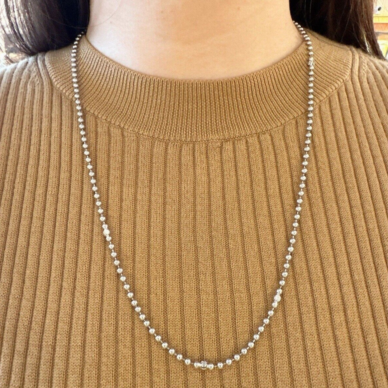 18k White Gold Bead Chain with Bezel Set Diamonds 23" Long