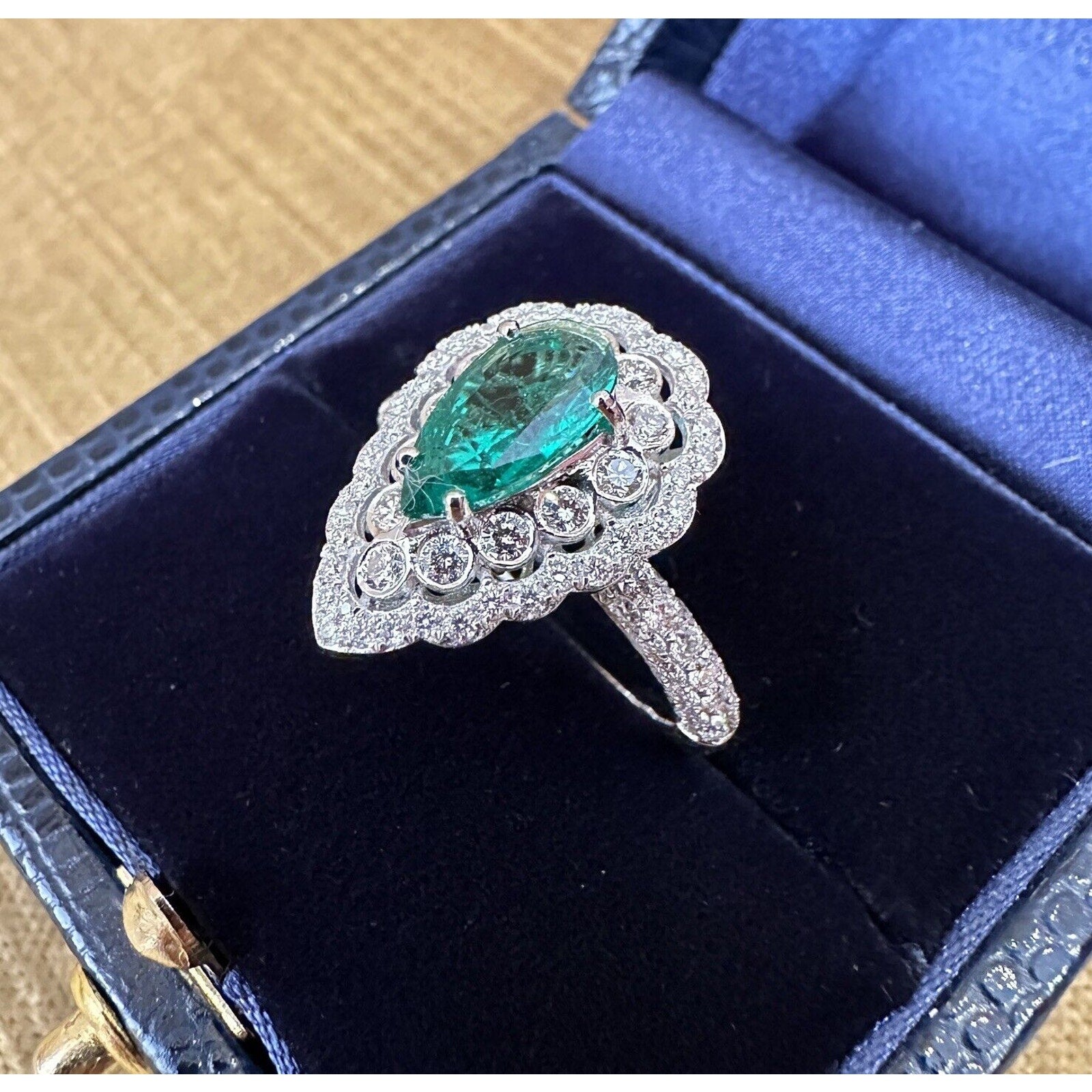 Pear Shaped Emerald and Diamond Ring in 18k White Gold - HM2560B