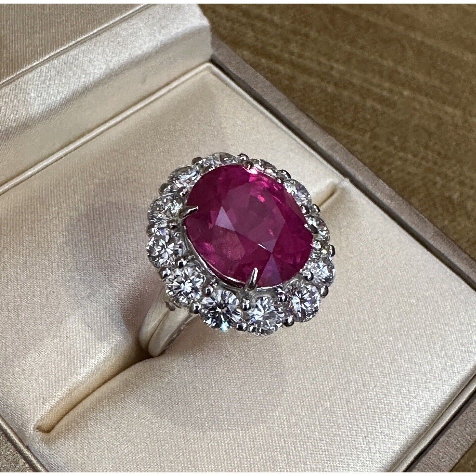 GIA Red Natural Oval Ruby 8.88 carat and Diamond Ring in Platinum