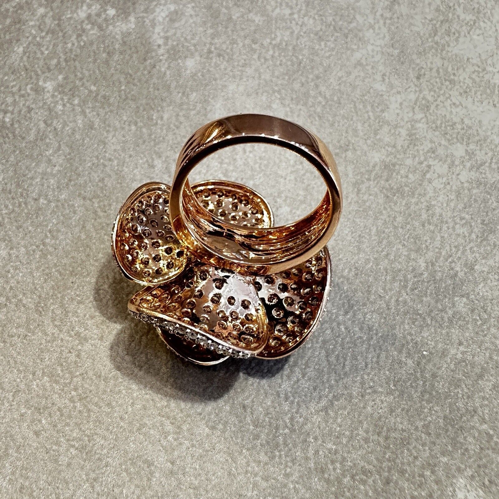 Brown and White Diamond Flower Petal Ring in 18k Rose Gold